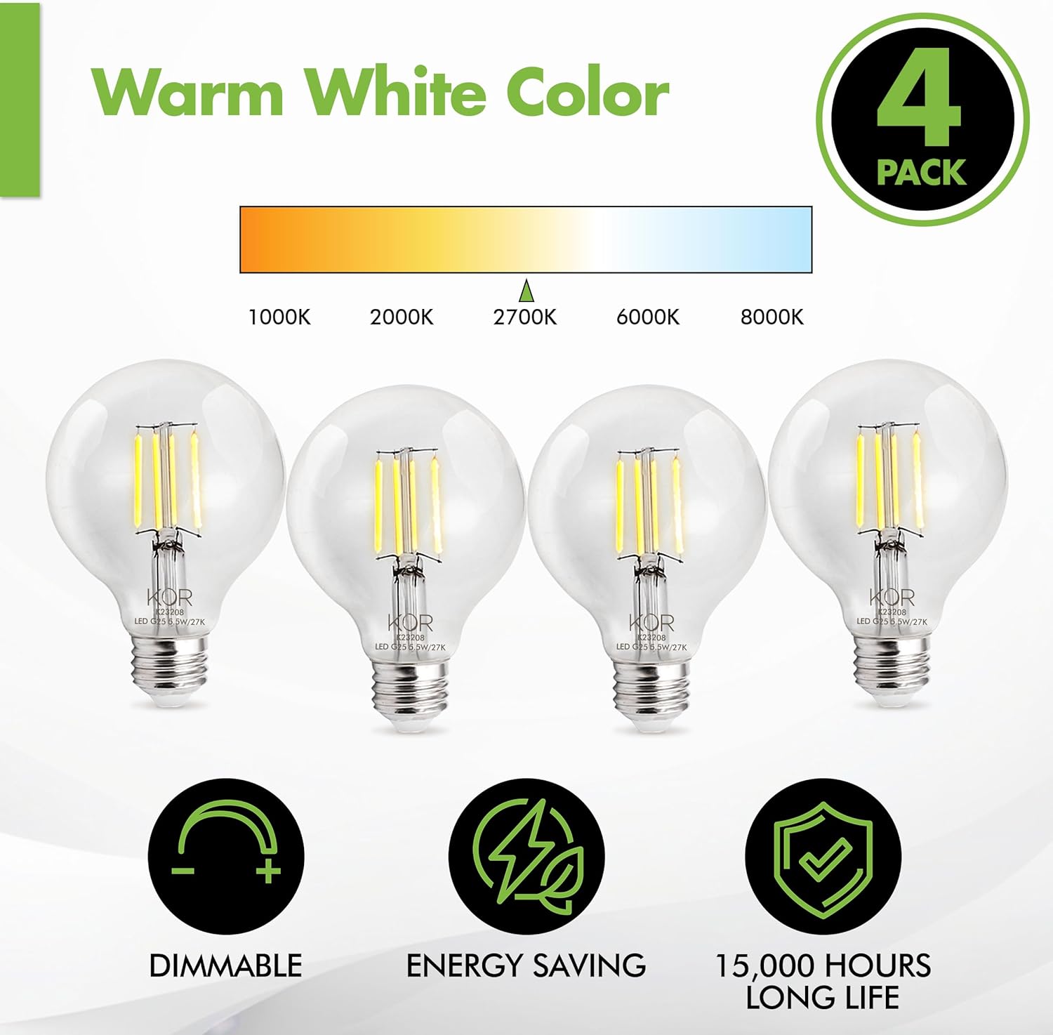 KOR 4 Pack 5.5W (60W Equivalent) Clear G25 Globe Led Light Bulbs 2700K Warm White Dimmable Filament G25 Vintage LED E26 Base Dimmable Globe for Bathroom Vanity Bedroom Pendant