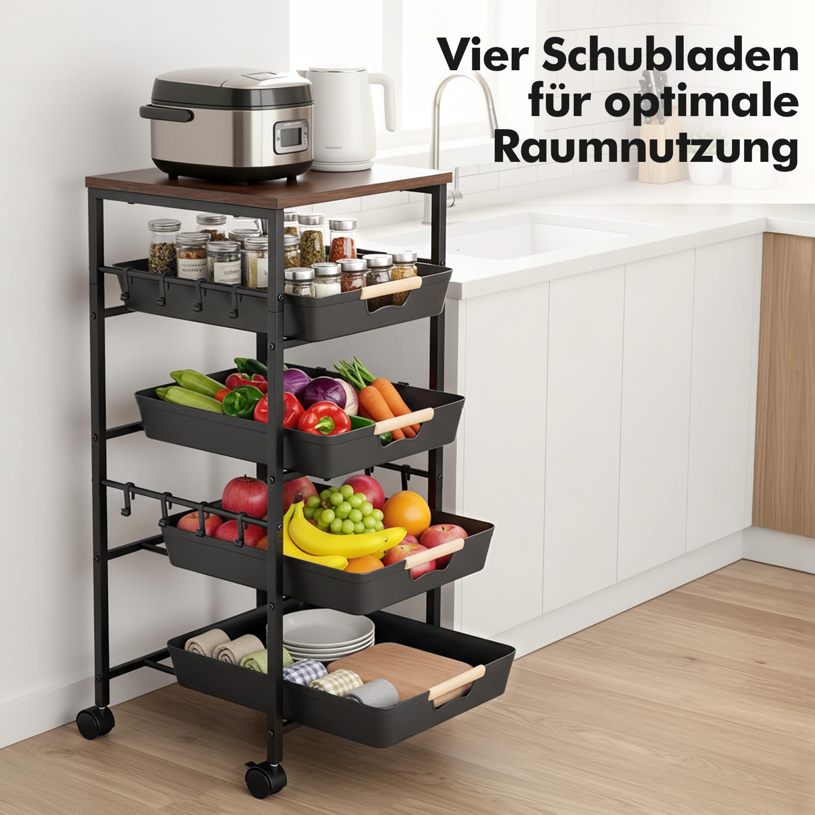 Rollwagen mit Schubladen 5-Stöckiger, Rollwagen Metall Küchenwagen auf Rollen, Aufbewahrungswagen aus Metall mit Holzplatte, Belüfteten Körben und Rollen, Snack-Organizer für Obst, Gemüse, Mikrowelle