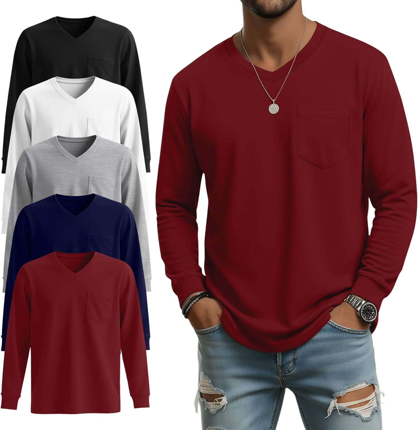 5 Pack Men's Big and Tall Shirts Long Sleeve V Neck Tee Casual Oversized Tops Loose Basic T Shirts with Pocket