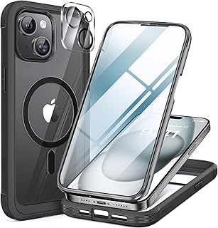 Miracase Magnetic Case for iPhone 15 Case 6.1-Inch, Full Body Bumper Clear Back Cover Compatible with Magsafe and Built-in 9H Tempered Glass Screen Protector + Camera Lens Protector (Black)