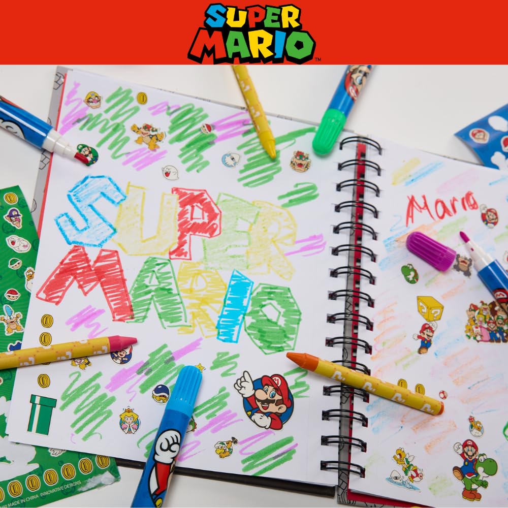 Nintendo Super Mario Color and Go Journal Set für Kinder, Spiral-Skizzenbuch, Buntstifte, Marker, Stickerbögen