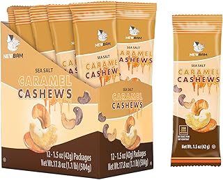 NEWBAM Sea Salt Caramel Cashews Individual Packs - 12 Cashew Snack Packs Roasted Nuts (1.5oz Each) – Keto, Vegan, Gluten-Free - Healthy Snacks for Trail Mix, Office, or Party - Lightly Salted, Sweet Tasty