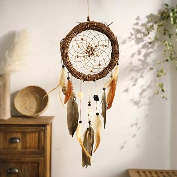 Rattan Dream Catcher Boho Wall Decor, Natural Goose Feather Crystal Hanging