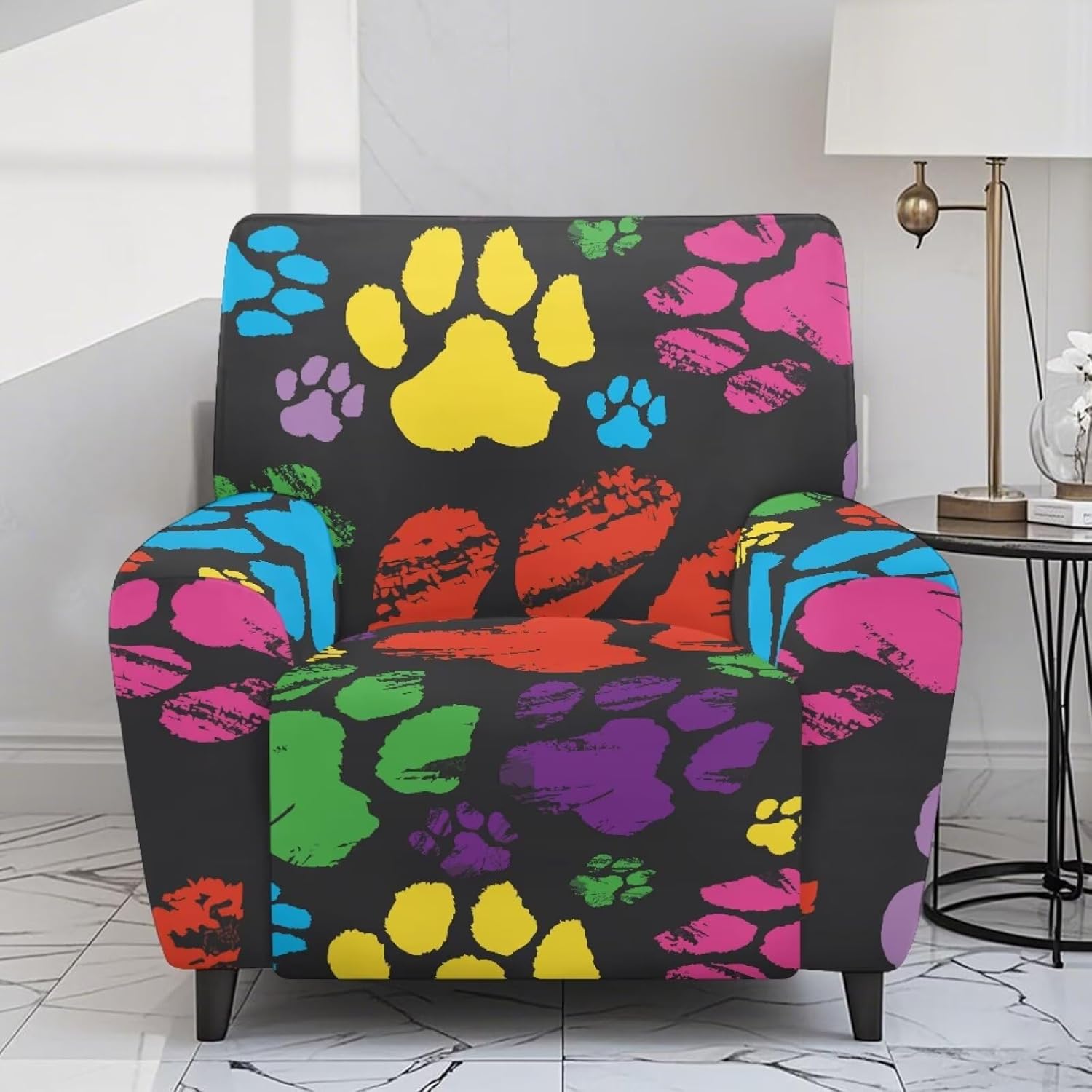 Colorful Dog Paw Print 4 Pieces Stretch Recliner Covers, Easy to Install Recliner Sofa Slipcover, Fitted Non Slip Reclining Slipcovers for Pets Kids, Soft Lazy Boy Chair Covers