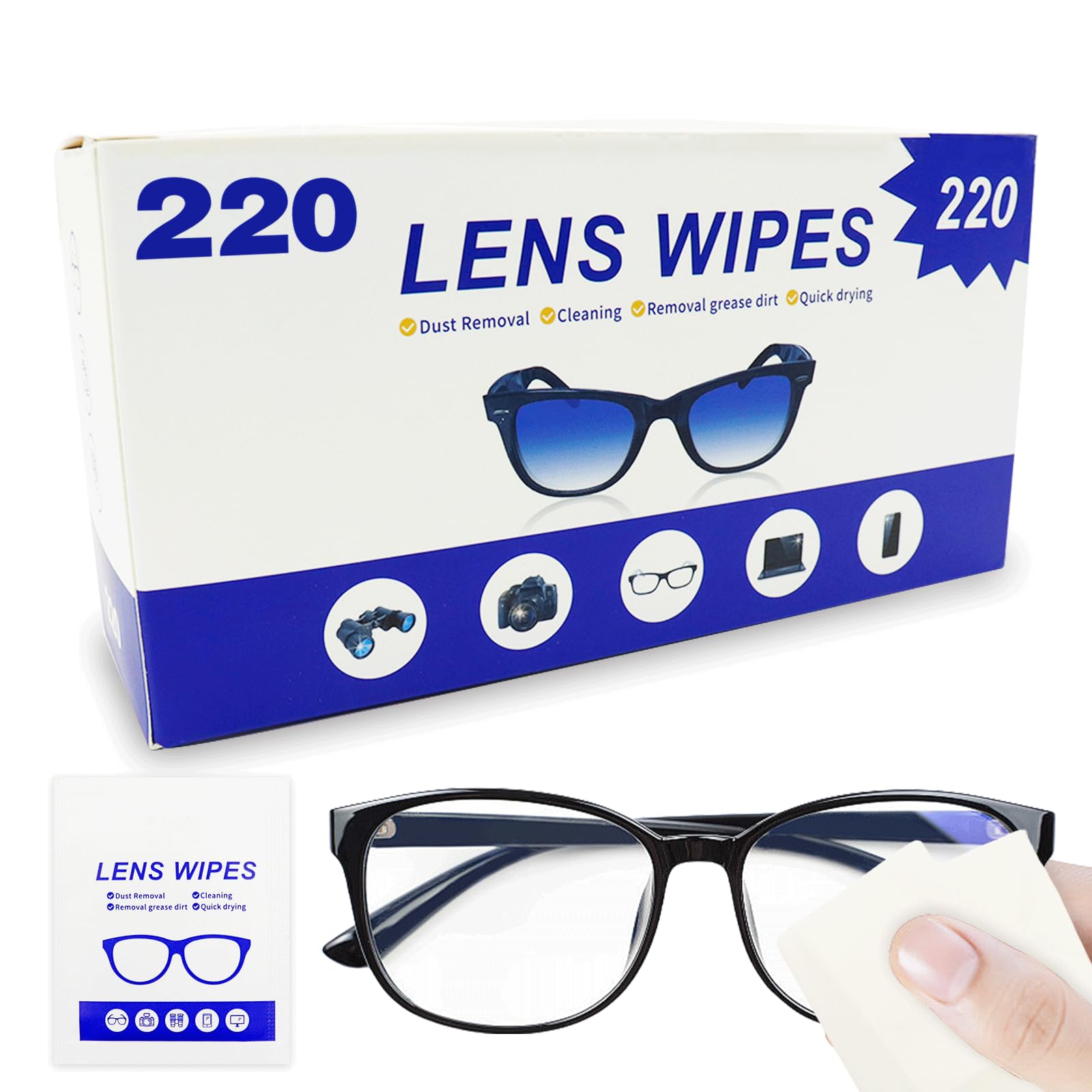 220 Count Lens Wipes (200 + 20 Bonus Pack) - Pre-Moistened Individual Wrapped Glasses Cleaner - Streak-Free Cleaning Wipes for Eyeglasses, Phone