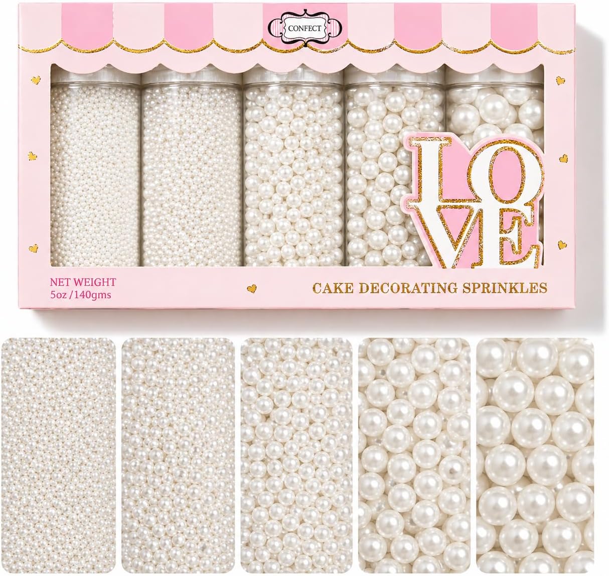 Confect White Pearl Sprinkles | Valentines Sprinkle | Edible Mix White Pearls & Dragees | Frozen Sprinkle & Disco Balls for Cakes, Cupcakes | White Princess Disco Ball Sprinkles | Vegan, Gluten-Free, Nut-Free, Soy-Free, Dairy-Free, Palm Oil-Free | Dye Free, No Artificial Dyes- 3.5 Oz