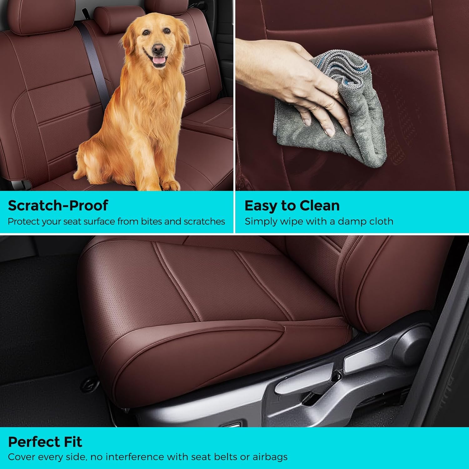 Car Seat Covers for Toyota Tacoma 2024 2025 2026 Double Cab (Gas Only), Full Set All Weather Faux Leather Pickup Truck Accessories, Full Coverage Custom Seat Protectors for Tacoma SR SR5 TRD (Brown)