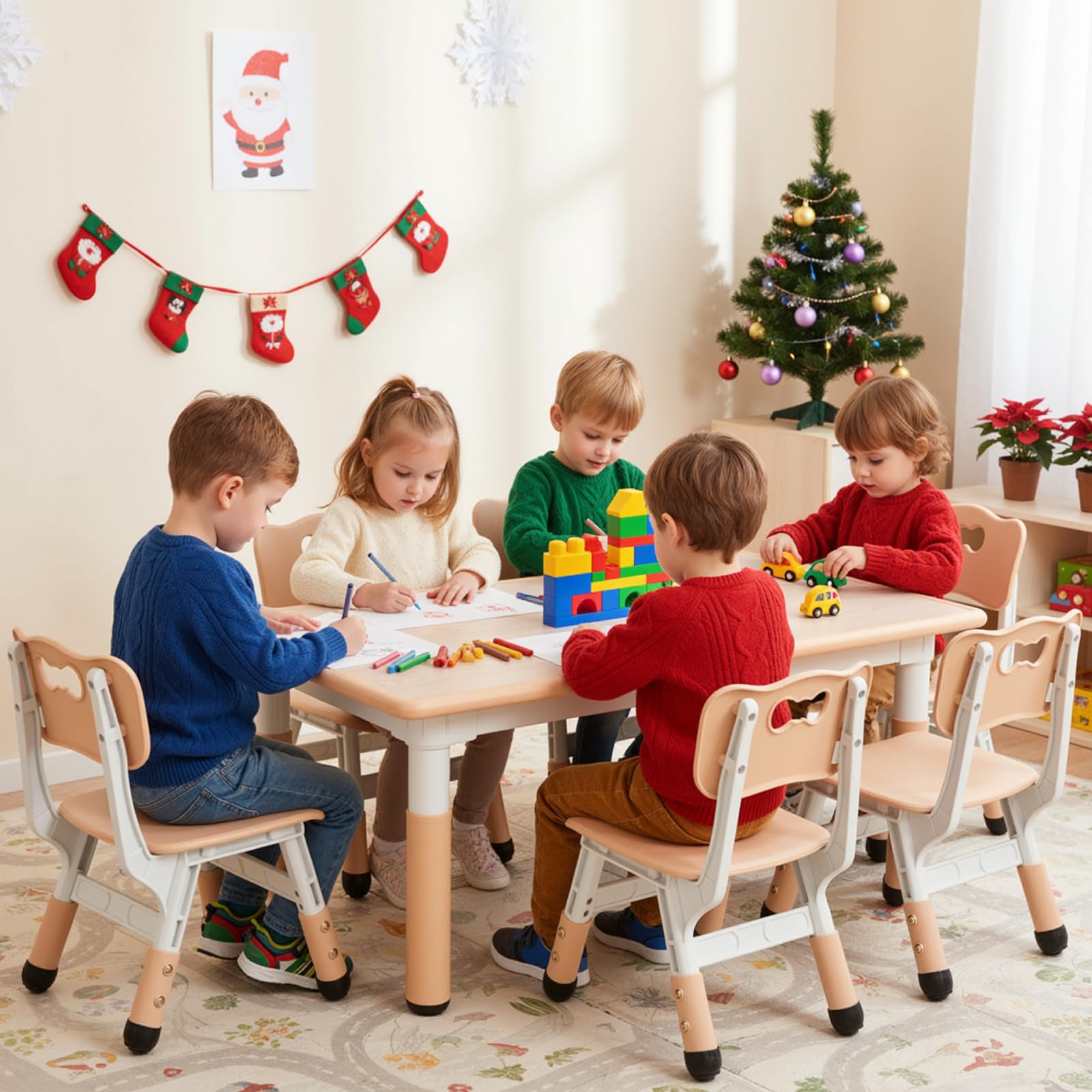 MAMIZO Table pour Enfant avec 6 Chaises, Ensemble de Table pour Enfants réglable en Hauteur, Meubles en Plastique, Table de Peinture pour Garçons et Filles à partir de 2 Ans, Jaune