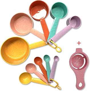YUZI 10-Piece Colorful Measuring Cups and Spoons Set - Stackable Plastic Kitchen Tools, Engraved US/Metric Markings, Dishwasher Safe for Cooking Baking