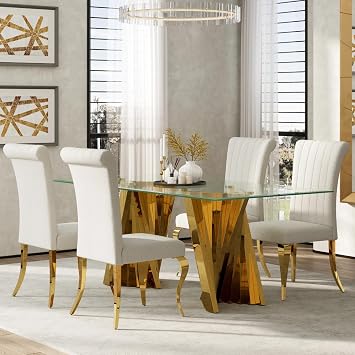 Gold Glass Dining Table Set for 4 with Chairs, 5 Pieces Dining Room Table Set, 78 Inch Glass Top Kitchen Table with 4 Gold and White Upholstered Dining Chairs for Dining Room, Kitchen