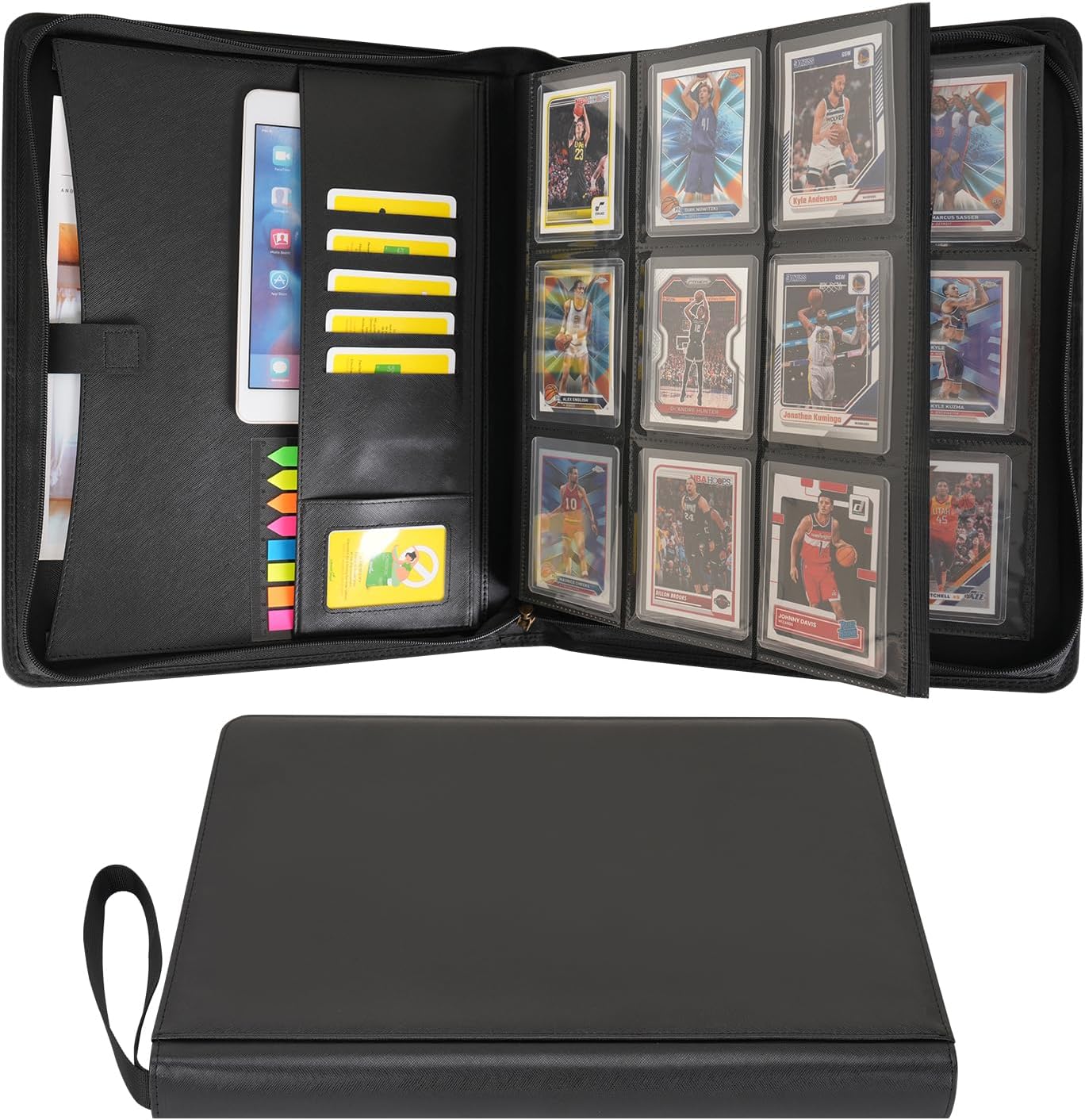 Wonderpool Toploader Binder Trading Card Album Storage 9 Pocket - 360 Side Loading Holds Toploaders with Extra Interior Pockets | PU Leather Notebook for MTG TCG Yugioh Game Sports Cards (Black)