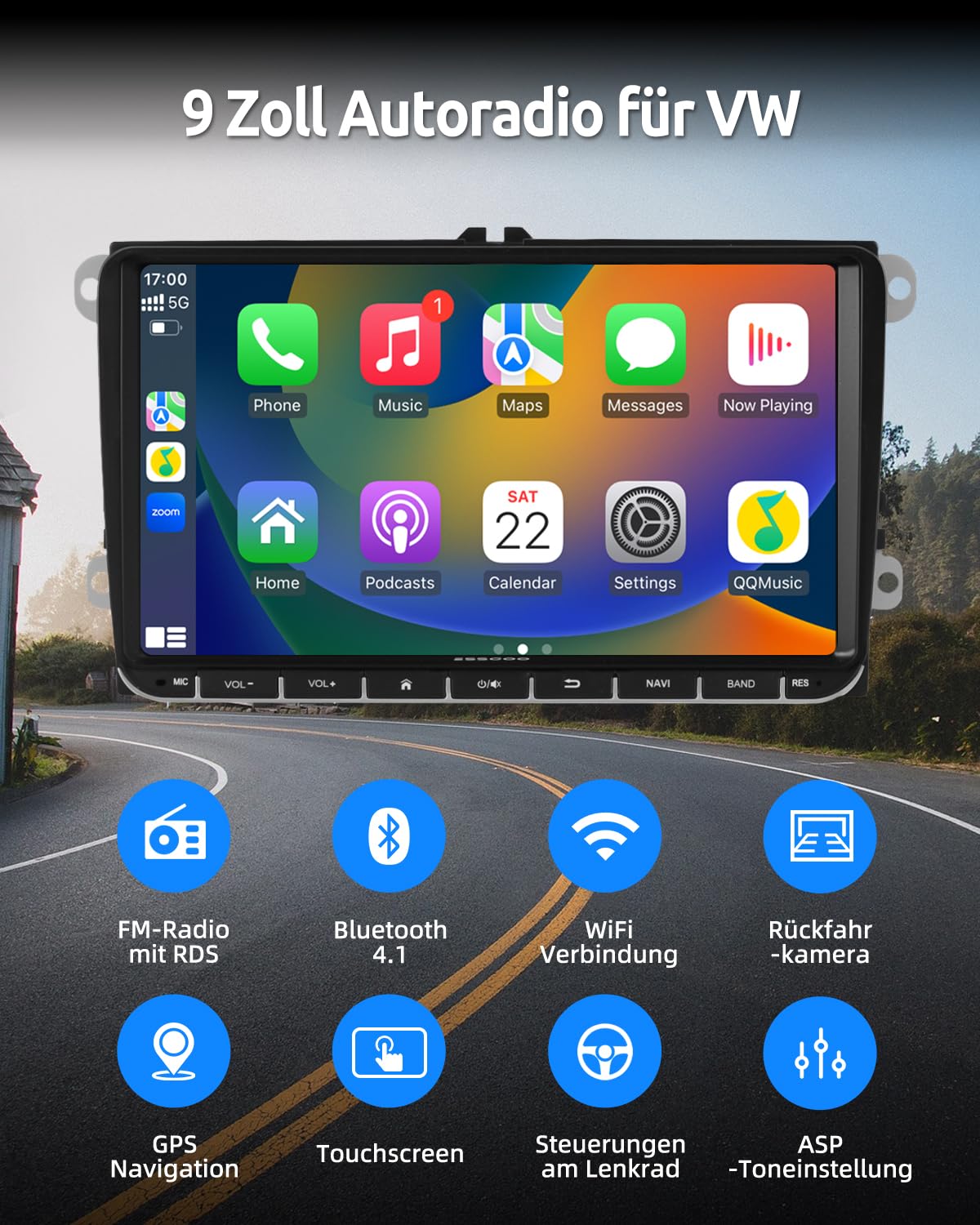Essgoo 4+64G Autoradio 9 Zoll Android 14 Radio mit Carplay und Wireless Auto für VW Golf 5 6 Touran B6 EOS Tiguan Polo mit Bluetooth GPS RDS Navi Mirror Link FM SWC