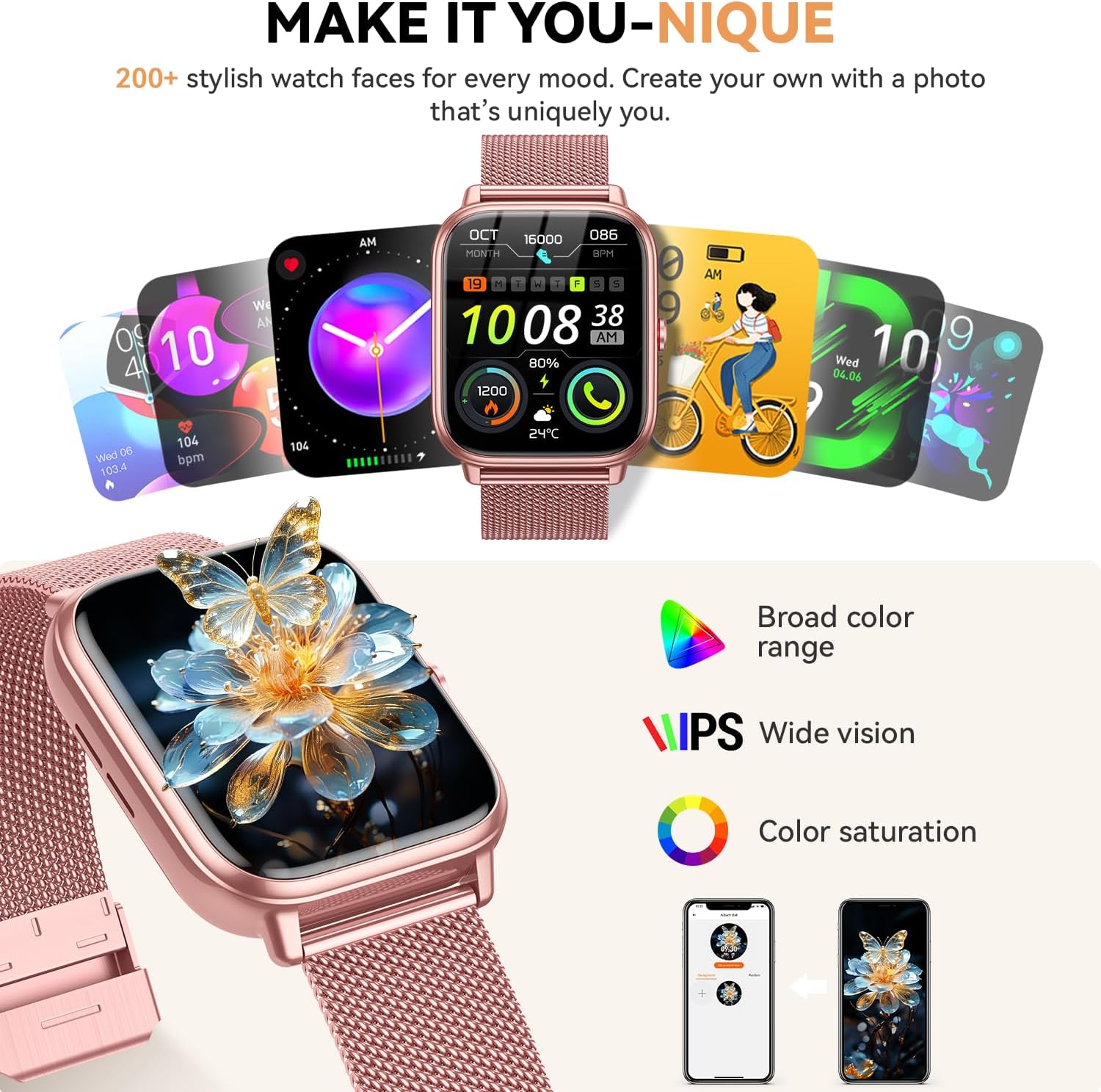 Smart Watch for Women Men- 1000mAh Battery Answer/Make Call, Fitness Step Tracker Watch with Sleep Monitor/Activity Counter/110+ Sport Mode for Andriod iPhone iOS Compatible - 3 Straps, Pink
