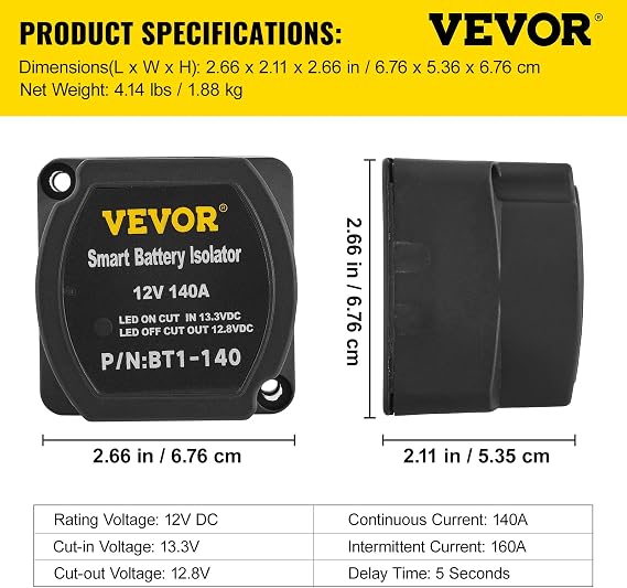 VEVOR Split Charge Relay Kit, 6mtr 12V, Automatic Dual Battery Isolator Kit with 140AMP Voltage Sense Relay VSR, Compatible with RV Marine Car Vehicle Truck Caravan Camper Yacht ATV UTV Boats Workshop