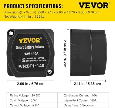 VEVOR Split Charge Relay Kit, 6mtr 12V, Automatic Dual Battery Isolator Kit with 140AMP Voltage Sense Relay VSR, Compatible with RV Marine Car Vehicle Truck Caravan Camper Yacht ATV UTV Boats Workshop