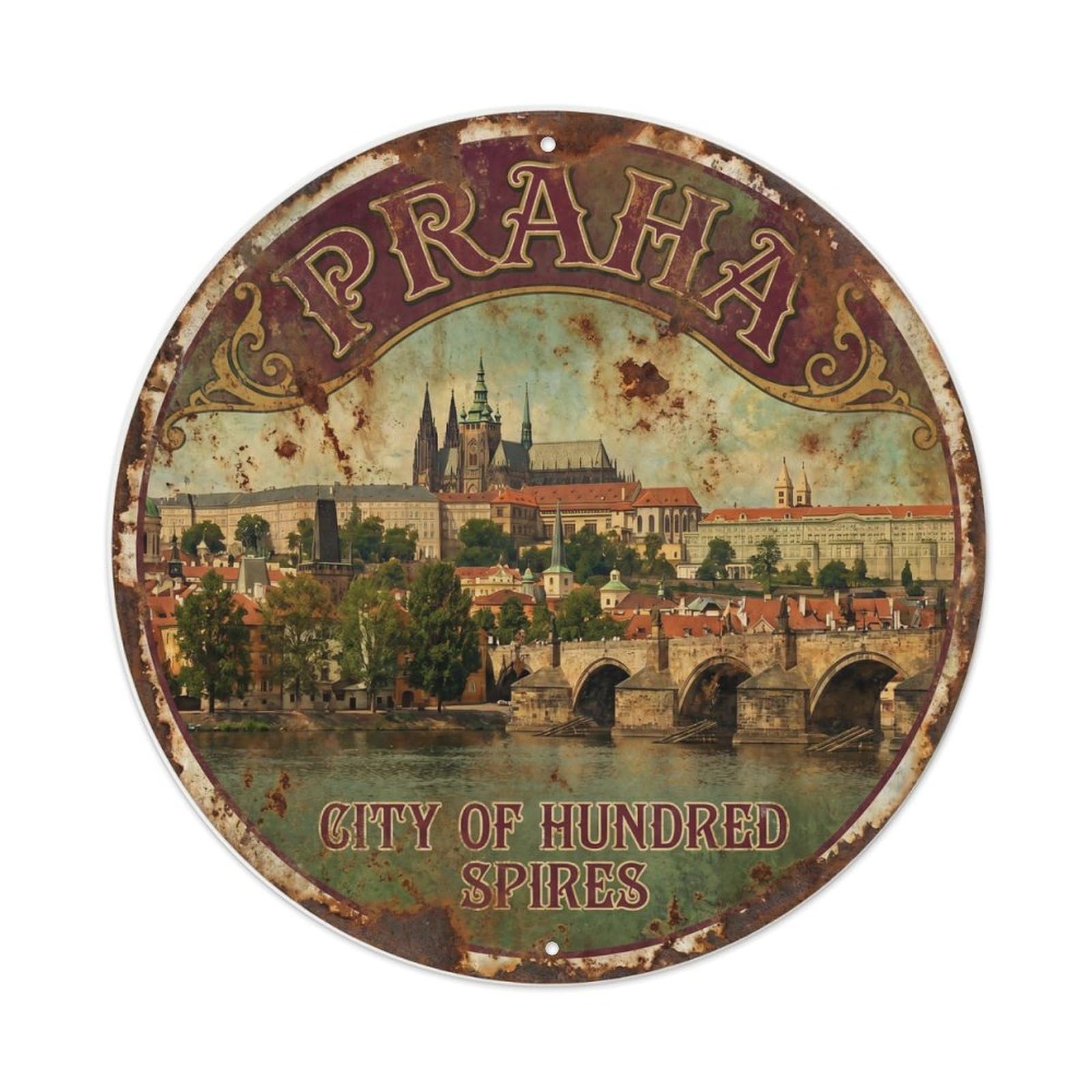 Vintage Travel Prague Castle Bridge Metal Tin Sign Plaque Wall Decor for Cafe, Club Bar, Office, Home Garden Round Metal Poster 8x8Inch