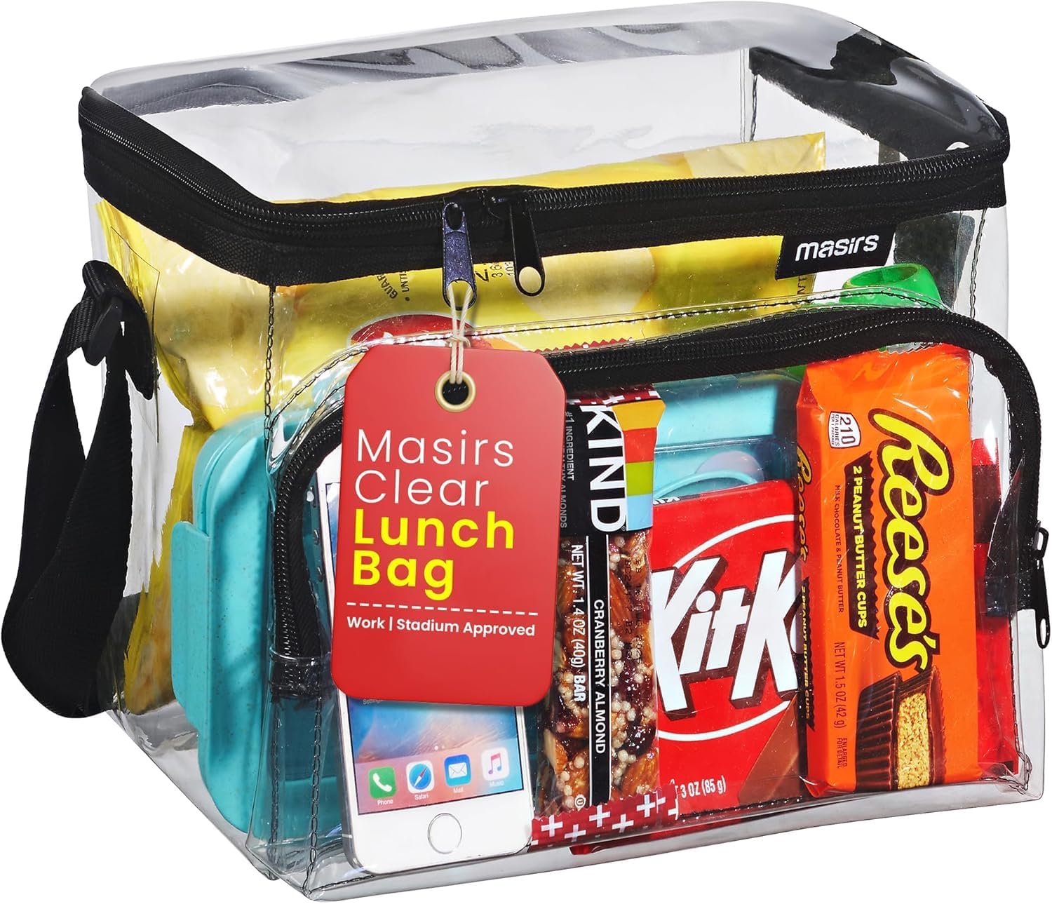 Masirs Medium Clear Lunch Bag with Shoulder Strap, Stadium Approved PVC | PVC See-Through Lunch Bag, Adjustable Shoulder Strap, Freezer Proof, for Work School Correctional Officers