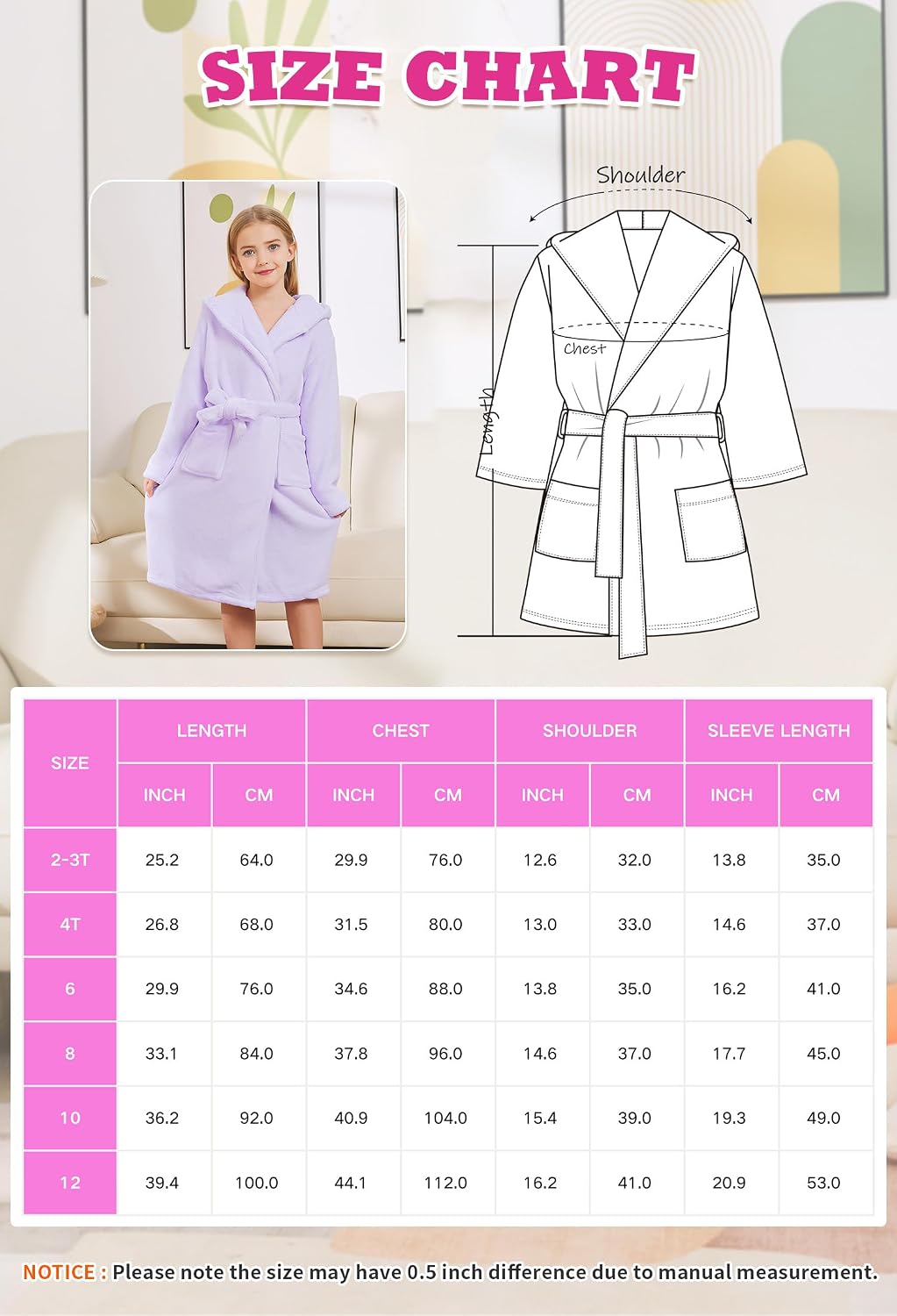 Girls Fleece Robe, Hooded Soft Warm Bathrobe Sleepwear for Kids 2-12 Years