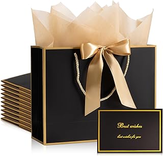 PASEOTA 12.6" Gift Bags Medium Size Set of 10 - Includes Tissue Paper, Cards & Ribbons, Luxury Gift Bags with Handles for Groomsmen Wedding Birthday (12.6" x 9.8" x 4.3", Black Gold)