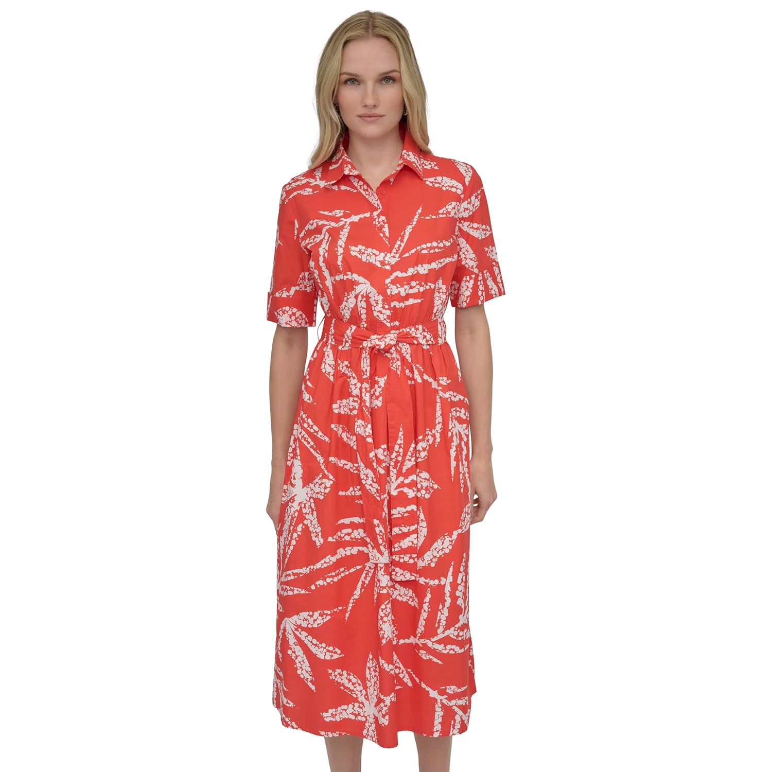 DKNY Womens Short Sleeve Cotton Poplin Collared Midi Shirtdress