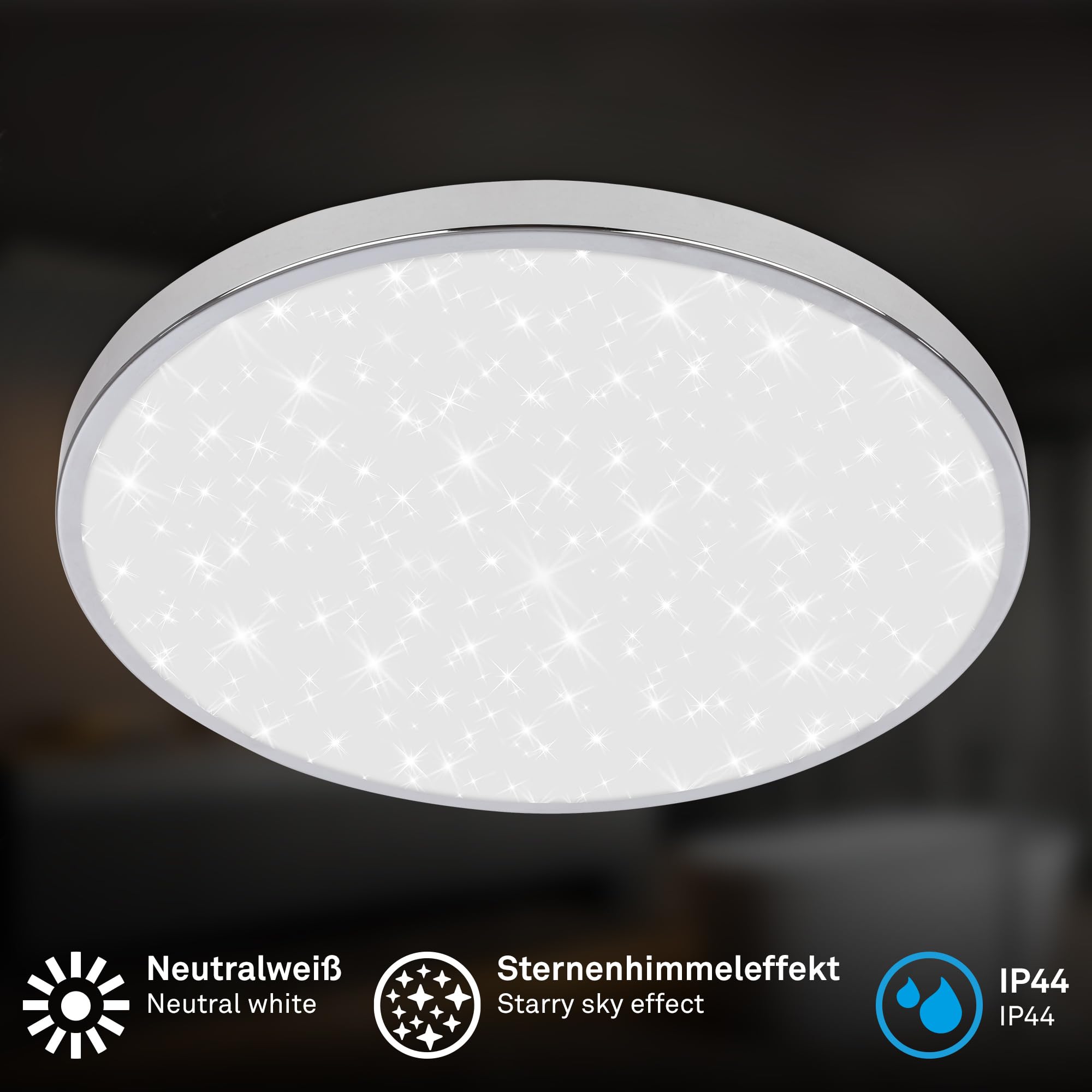 BRILONER - LED Deckenlampe Bad mit indirektem Licht, IP44 Spritzwasserschutz, neutralweiße Lichtfarbe, Deckenleuchte, Badlampe, Badezimmerlampe, Küchenlampe, Feuchtraumleuchte, 33 x 6 cm, Chrom