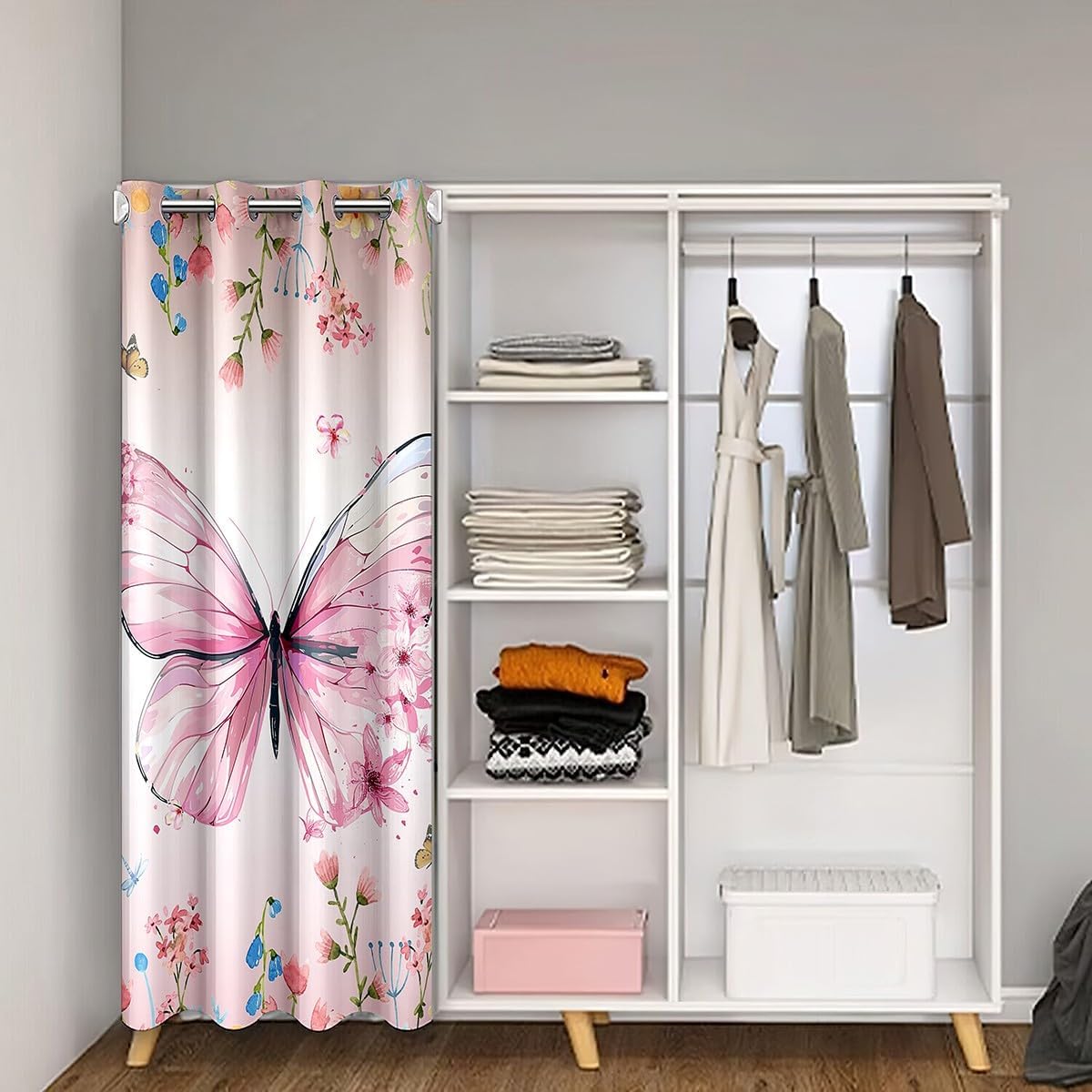 Butterfly Door Curtain for Privacy Girly Ombre Pink Flowers Blackout Curtain for Bedroom Decor Rustic Farmhouse Style Butterflies Curtain Drape for Closet Room Divider Curtain 1 Panel 60"W x 80"L