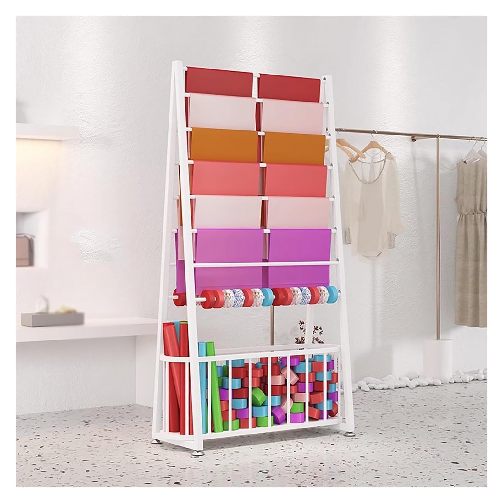 Doppelseitiges mehrstöckiges Organizer-Regal für Geschenkpapier, Stoff, Bänder – freistehender Präsentationshalter für Bastelarbeiten, Zellophan, Vinylrollen