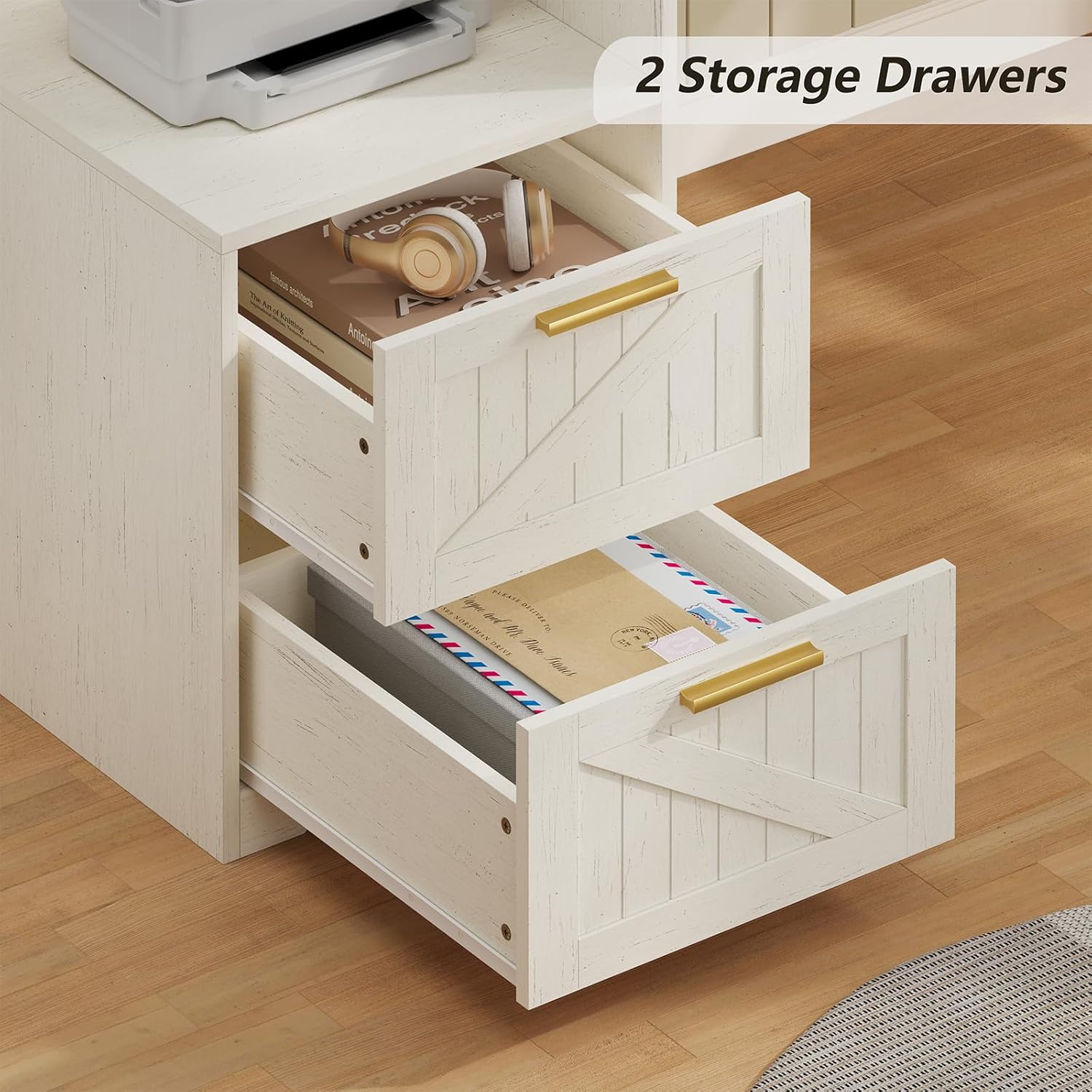 63" Farmhouse L Shaped Executive Desk with Drawers & Storage Shelf, Corner Computer Desk with Power Outlets, L Shaped Office Desk with Monitor Stand, Printer Shelf, White