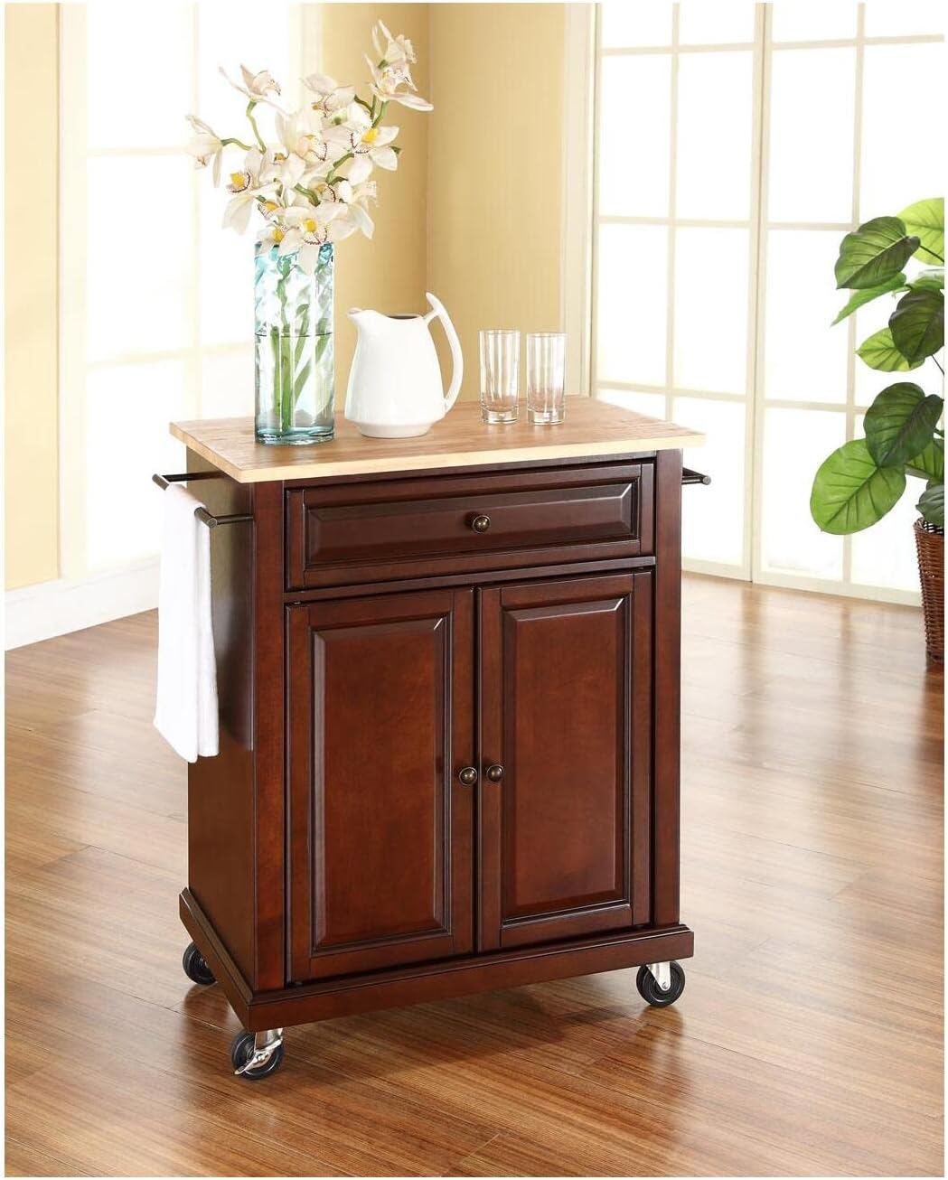 HomeStock Kitchen Island with Table Top & Casters - Mobile Kitchen Cart for Storage Mahogany/Natural Wood Top