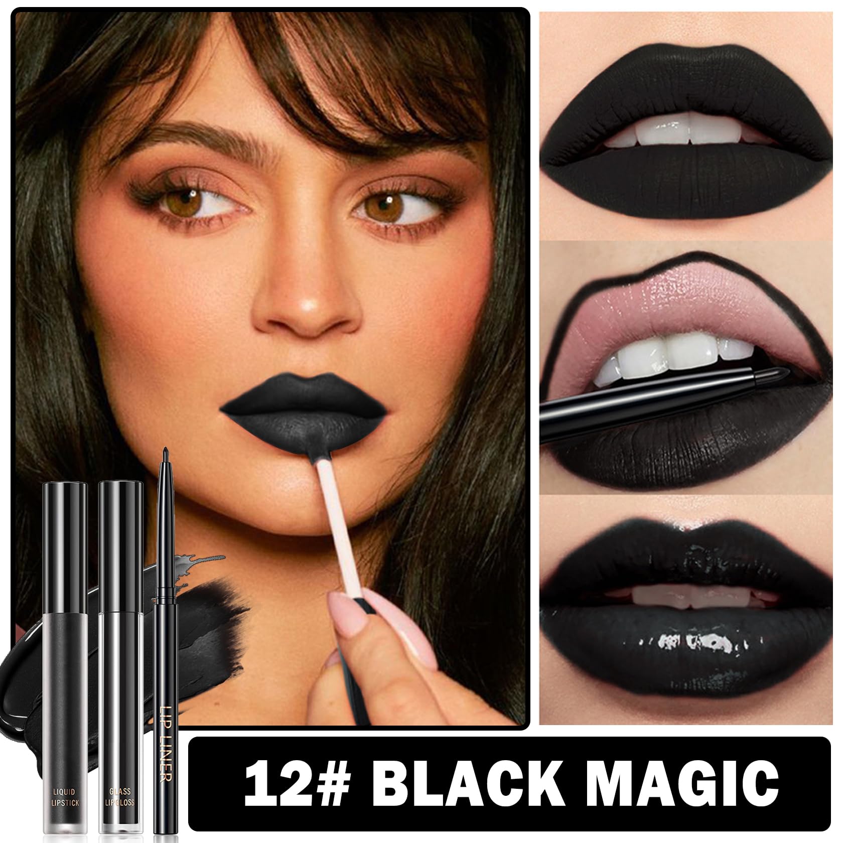 QIUFSSE 3 in 1 Black Lip Liner Pencil and Lipstick lipgloss Set Matte Black Lipstick Lip Gloss Kit Long-lasting Nonstick Cup Smudge Proof Lip Kits with Lip Liner,Velvet Goth Makeup (): 12#Black Magic