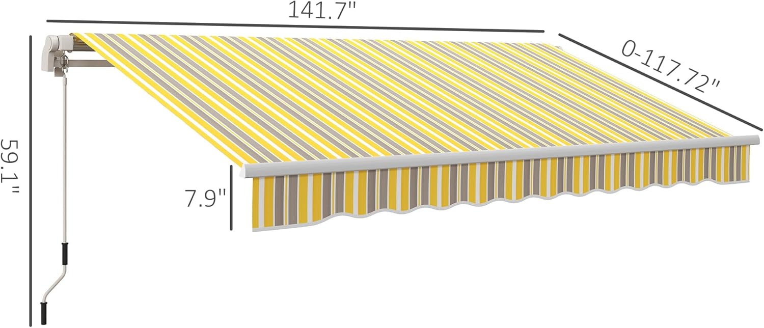 Outsunny 12' x 10' Retractable Awning Patio Awnings Sun Shade Shelter with Manual Crank Handle, 280g/m² UV & Water-Resistant Fabric and Aluminum Frame for Deck, Balcony, Yard, Yellow and Gray