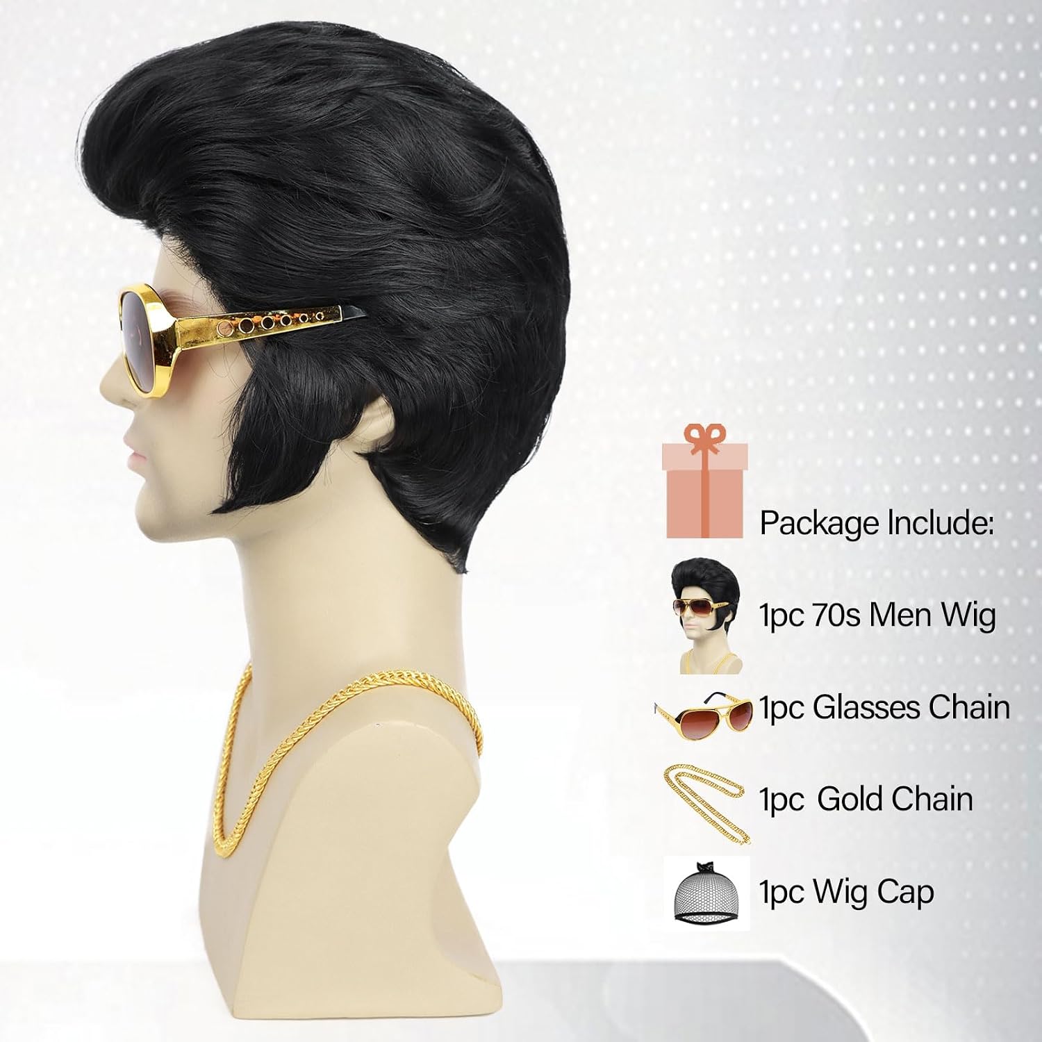 50s 60s Rock Wig with Glasses and Necklace for Mens Singer Costume Funny Black Wigs for Cosplay Halloween Disco Party (4pcs Set) image 5