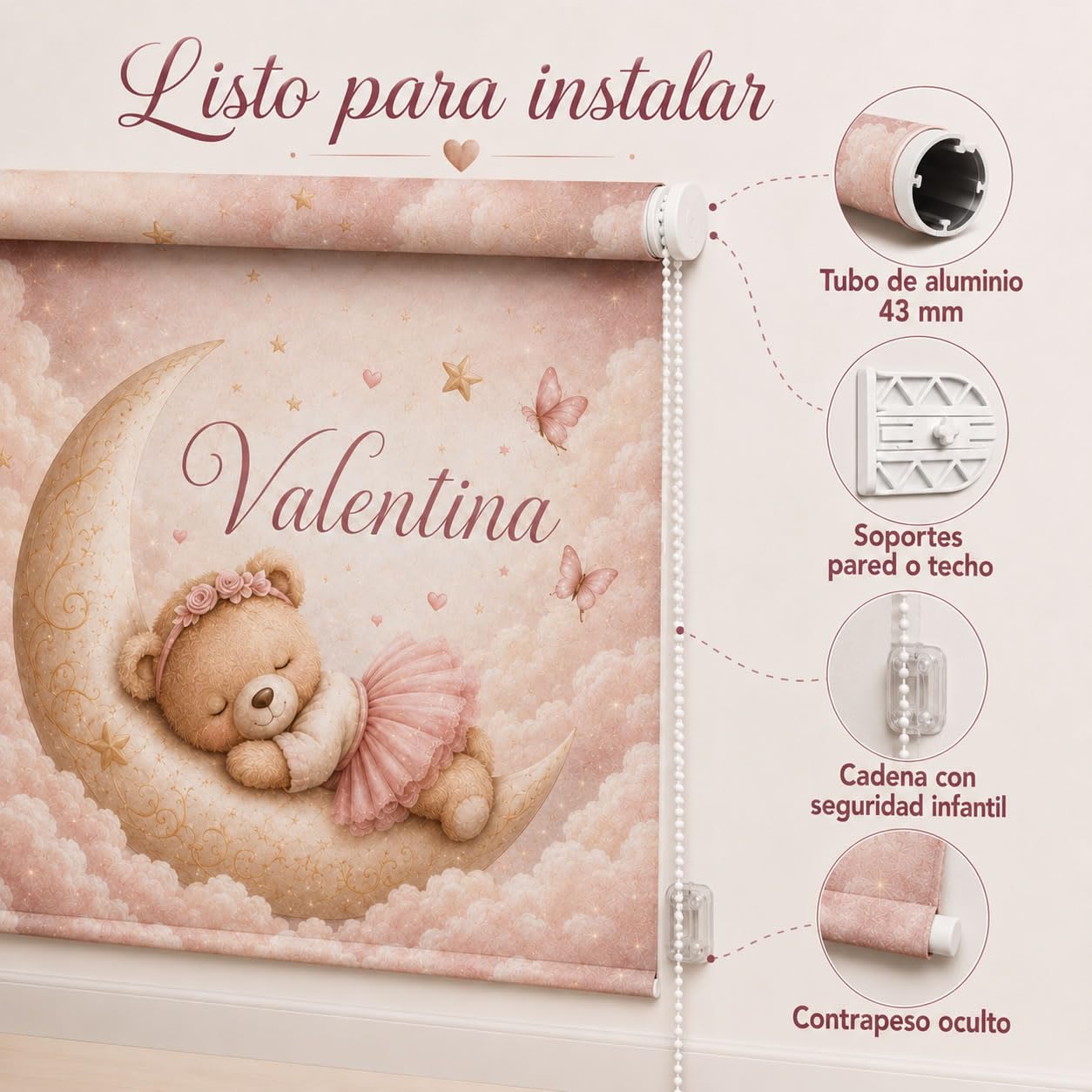 Estor Enrollable Infantil Niña a Medida – Osita Luna – Tejido Translucido Calidad - Decoración Habitación Infantil – Hecho en España