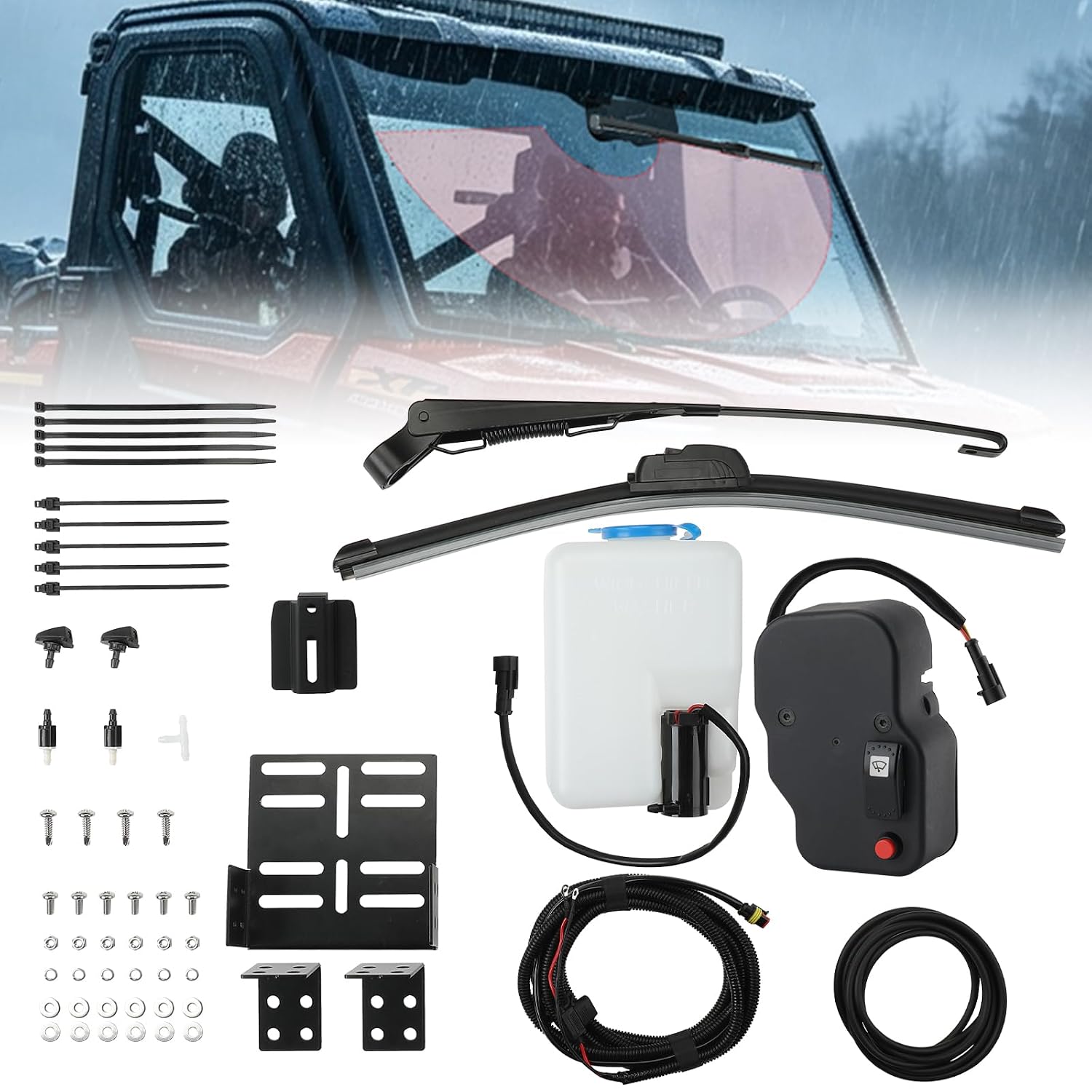 170° UTV Windshield Wiper Kit with Arm & Blade, 12V Two Speed Self-Parking Wiper Motor, 1.5L Windshield Washer Pump Washer Compatible with Polaris RZR Ranger General Can Am X3 Defender Commander