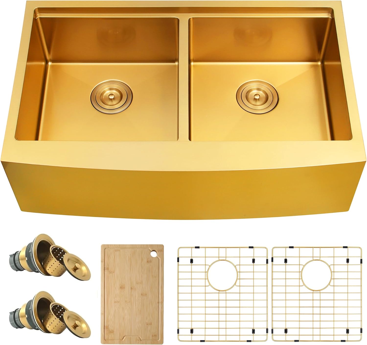 Gold Double Farmhouse kitchen Sink,16-Gauge SUS304 Stainless Steel Farm Sinks, 50/50 Apron Front Features Workstaion Sink With Accessories,33''×20''×10" Large and Deep Double Kitchen Sinks