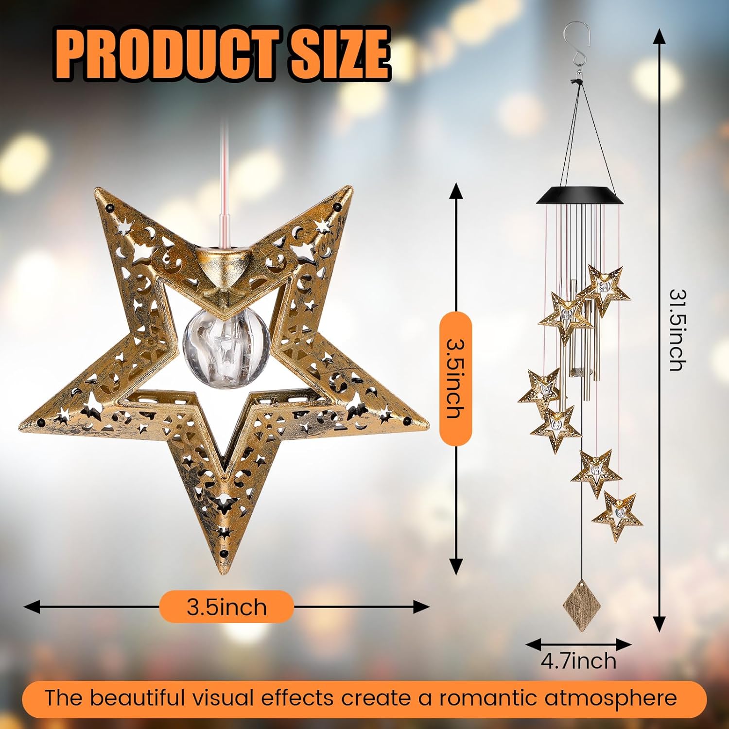 Colingmill Solar Wind Chimes for Outside Waterproof Hanging Wind Chimes Lights Outdoor Decor Yard Garden Gifts for Mother Mom Grandma Wife Neighbors(Star,Warm Colored Lights)