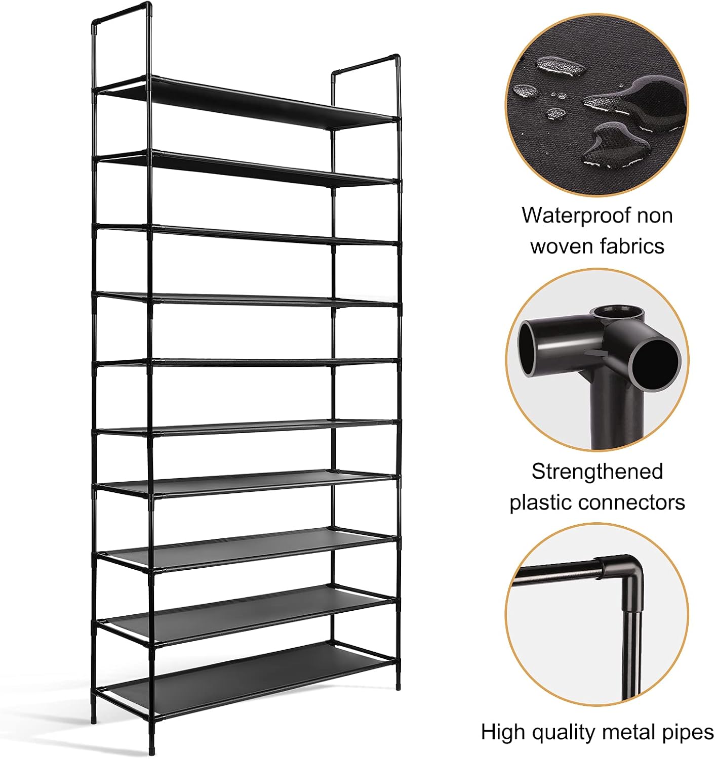 LEHOM Shoe Rack Organizer 5-Tier 20 Pairs, Metal Stackable Shoe Storage Non-Woven Fabric Shoe Shelf for Closet Floor Entryway Bedroom, Black