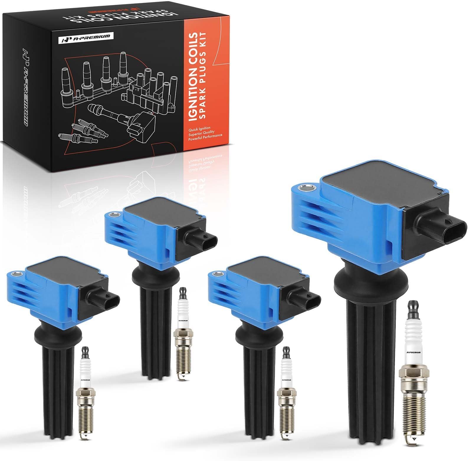 A-Premium Set of 4 Blue Ignition Coil Pack and Iridium Spark Plugs
