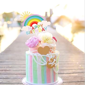 1pcs colorful rainbow birthday cake topper sunshine rainbow cake picks for rainbow baby shower boys girls happy birthday cake dessert decoration