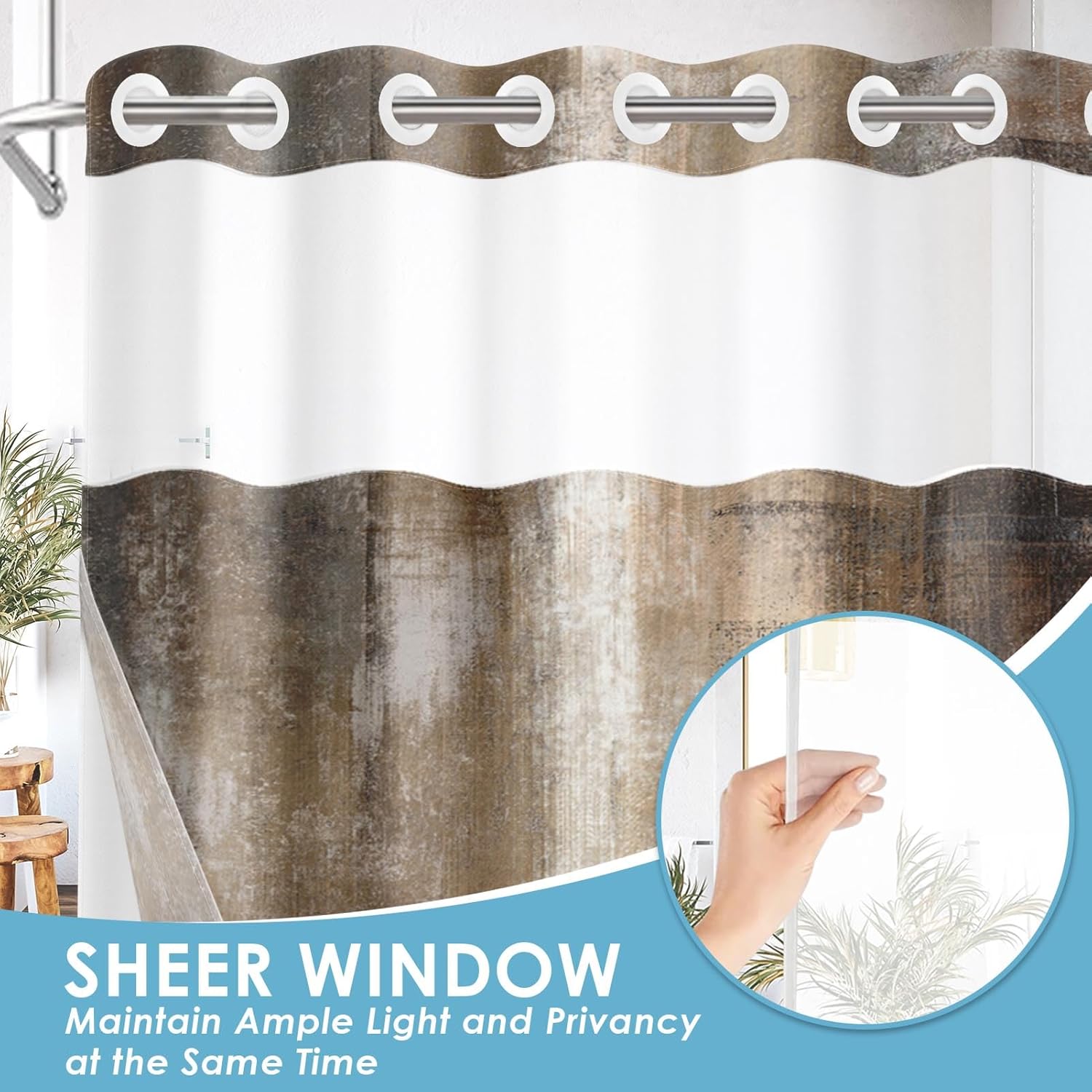 No Hook Brown Grey Painting Shower Curtain with Snap in Fabric Liner Set, Vintage Beige Double Layers Waterproof Fabric with See Through Top Window Open Grommet Bath Curtain 71x74 Inch