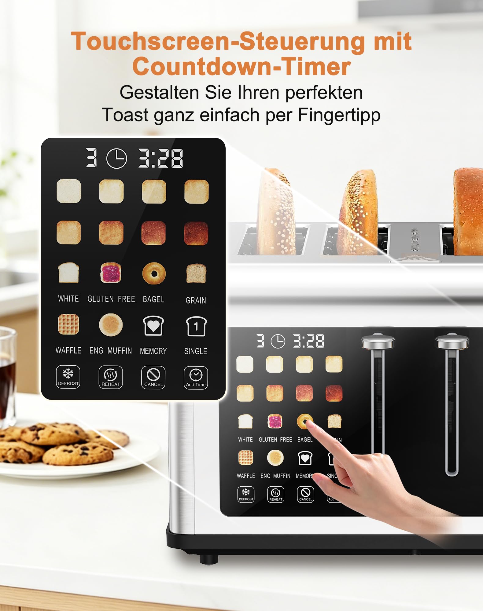 Toaster 4 Scheiben, Edelstahl Langschlitztoaster mit Smart Touchscreen & LED-Countdown, 8 Bräunungsstufen, 6 Brotprogramme, Auftauen & Aufwärmen Funktion, für Bagels & dicke Brotscheiben, 1760W