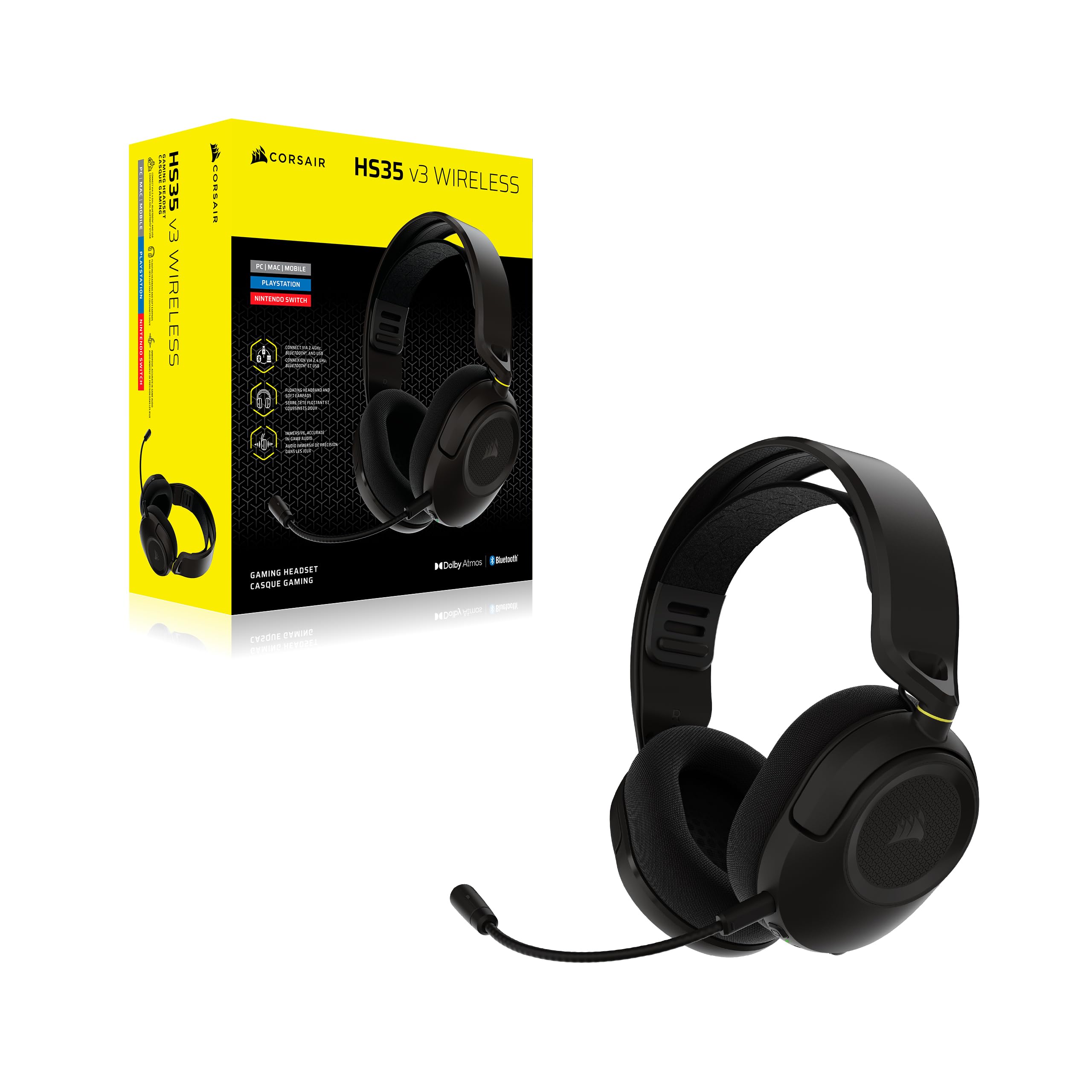 Corsair HS35 v3 Auriculares Inalámbricos para Videojuegos – Negro | 2,4 GHz y Bluetooth, Ligeros y Cómodos, Dolby Atmos - PC, PS5, PS4, Switch, Mac, Móviles