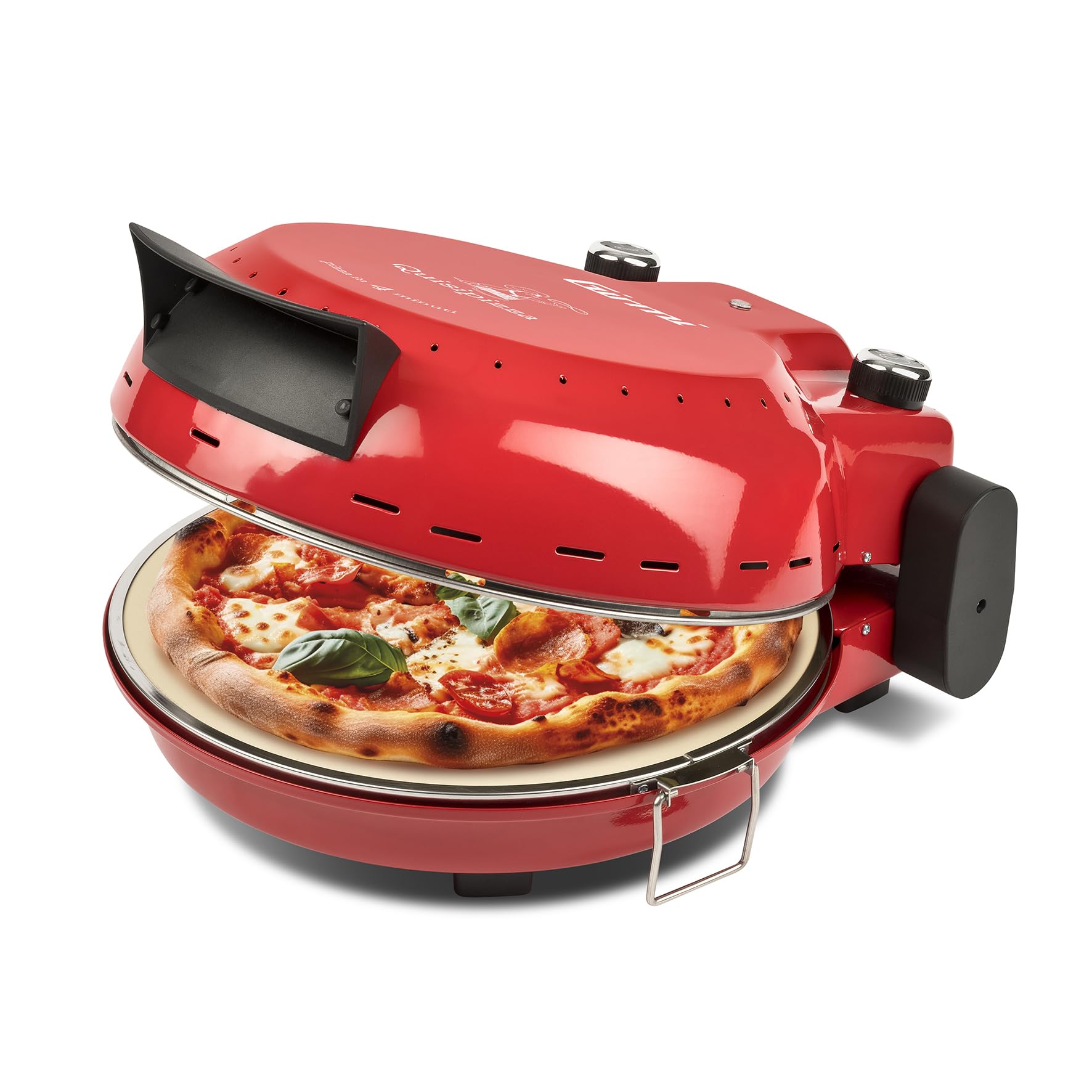 Girmi FP50 Four à pizza Quisipizza, 1800 W, 420°C, Parois froids, Pierre réfractaire détachable de 31 cm, Minuterie, Double résistance, Livre de recettes inclus, Rouge