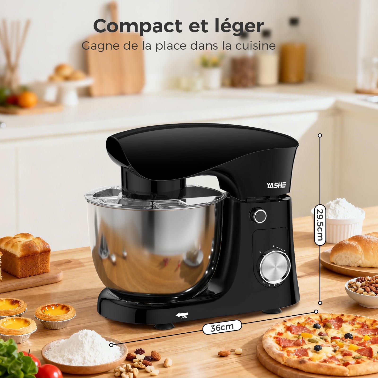 YASHE Robot Pâtissier 1500W, 4,5L + 5L Deux Bols en Acier Inoxydable, 10+P Vitesses, Tête Inclinable, Crochet à Pâte, Batteur & Fouet, Robot Pétrin Professionnel