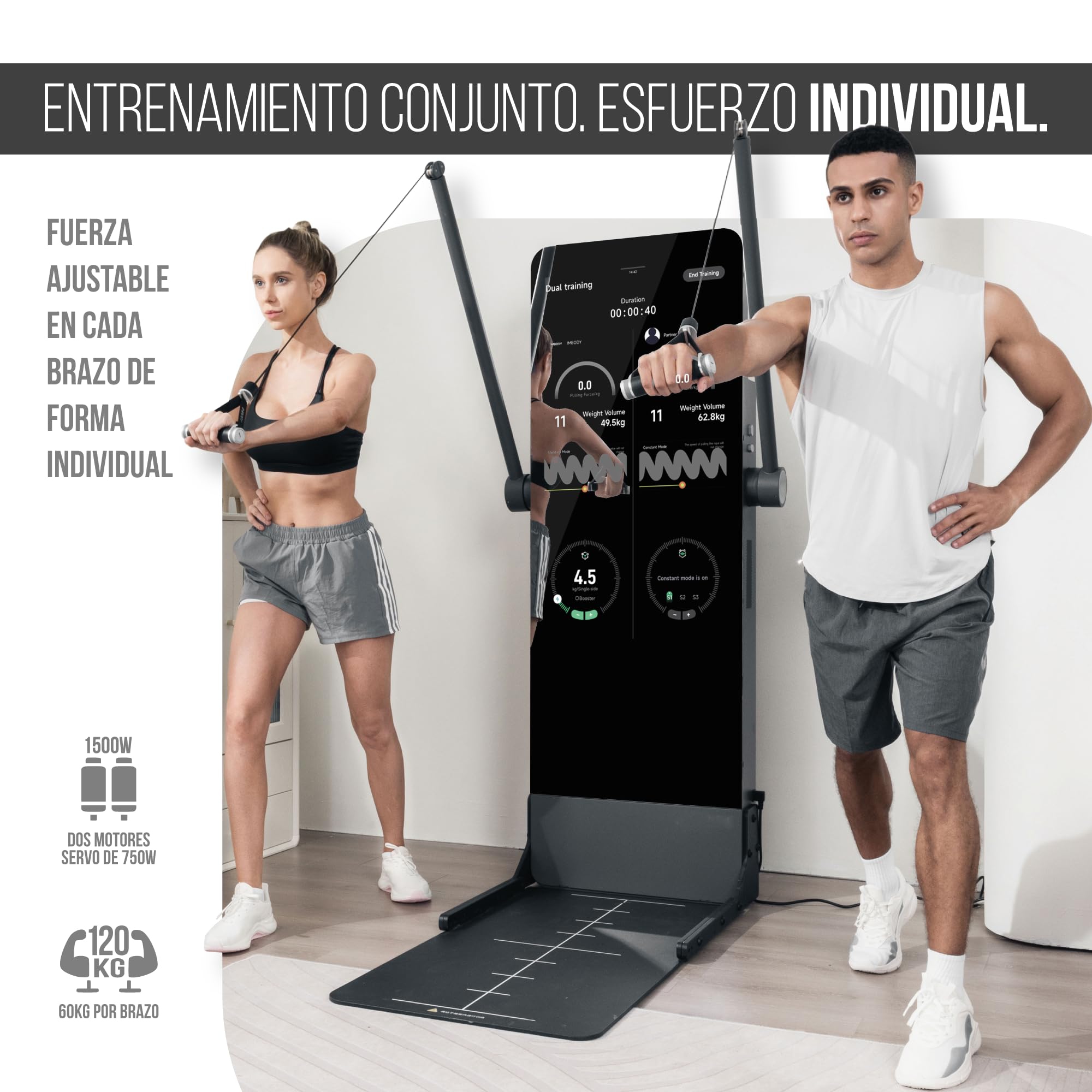 Power S Pro – Gimnasio en Casa Inteligente con Pantalla 43”, Multiestación 120 kg, 650 Entrenamientos, Spotter IA y Remo; Equivale a 260 Máquinas
