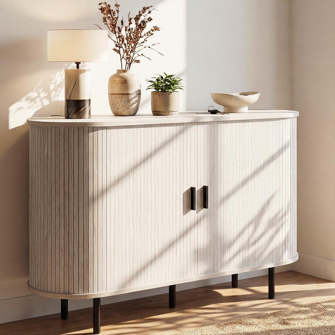 Giantex 47'' Fluted Sideboard Buffet Cabinet with Tambour Sliding Doors, Coffee Bar Console Table w/Metal Legs, Mid Century Storage Credenza Cabinet for Kitchen Dining Room Living Room (White Oak)