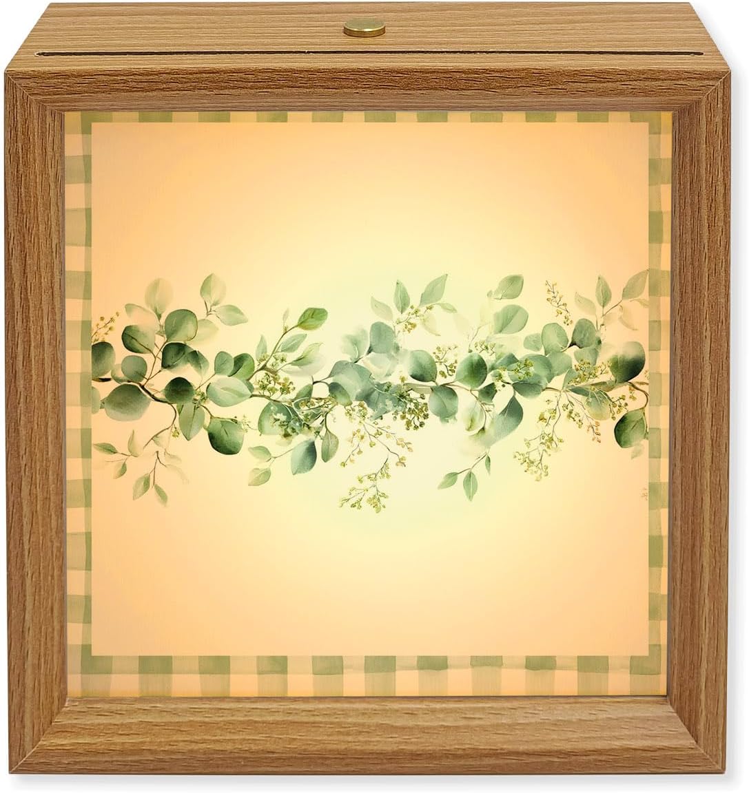 Wood Night Light Box Eucalyptus Leaves Wooden LED Night Lights with USB Rechargeable Dimmable Touch Table Light Leaf Vines Green Buffalo Plaid Wood Picture Frame Lamp for Bedside Desktop Display Decor