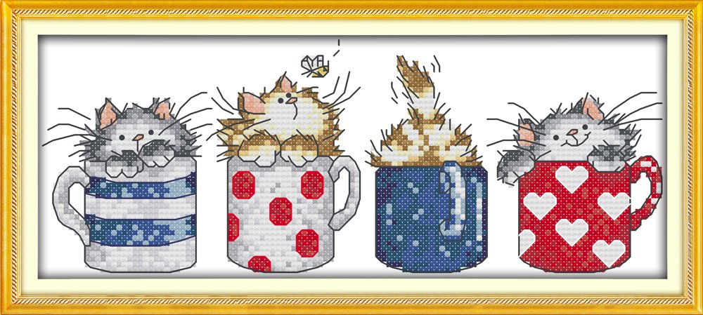 Stitchmelody Stamped Cross Stitch Kits,11CT Printed Pattern DMC Embroidery Set-4 Cats in The Cups 37cm×17cm — image 1