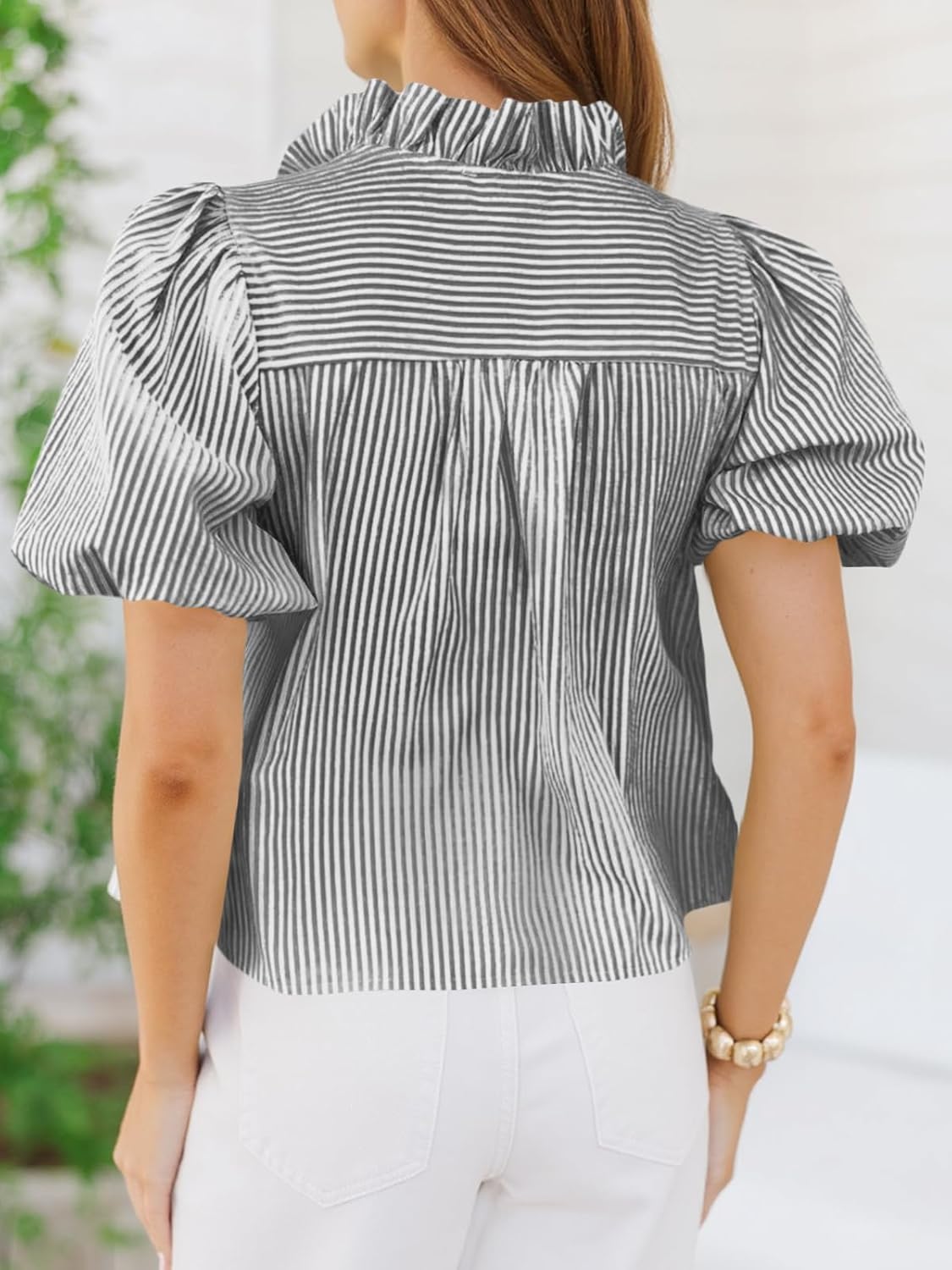 Tankaneo Womens Short Puff Sleeve Button Down Shirts Summer Ruffle Striped Work Tops Stand Collar Trendy Casual Loose Blouse - Image 5