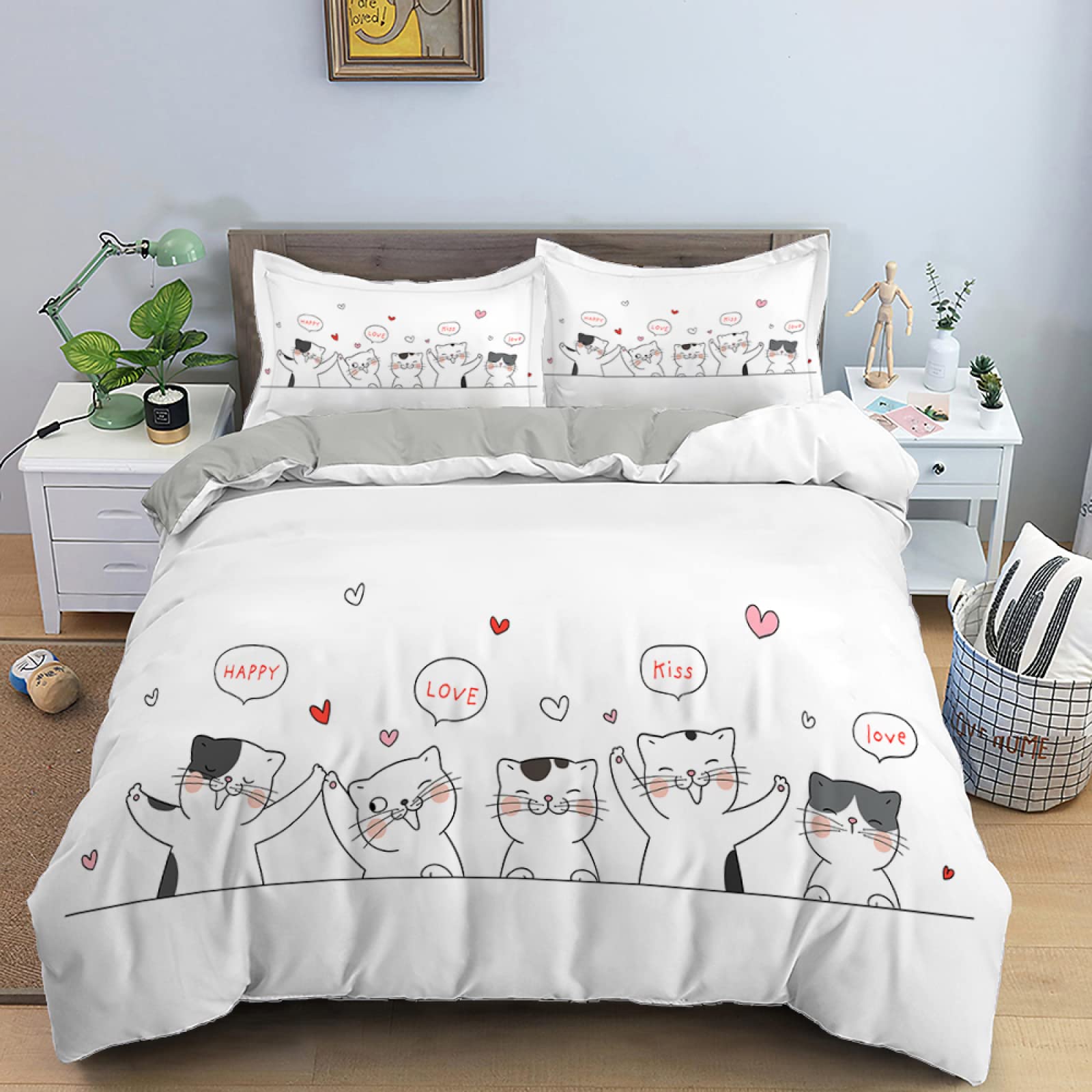 Parure de lit 220x240 chat blanc avec sa housse de couette 2 personnes et ses 2 taies